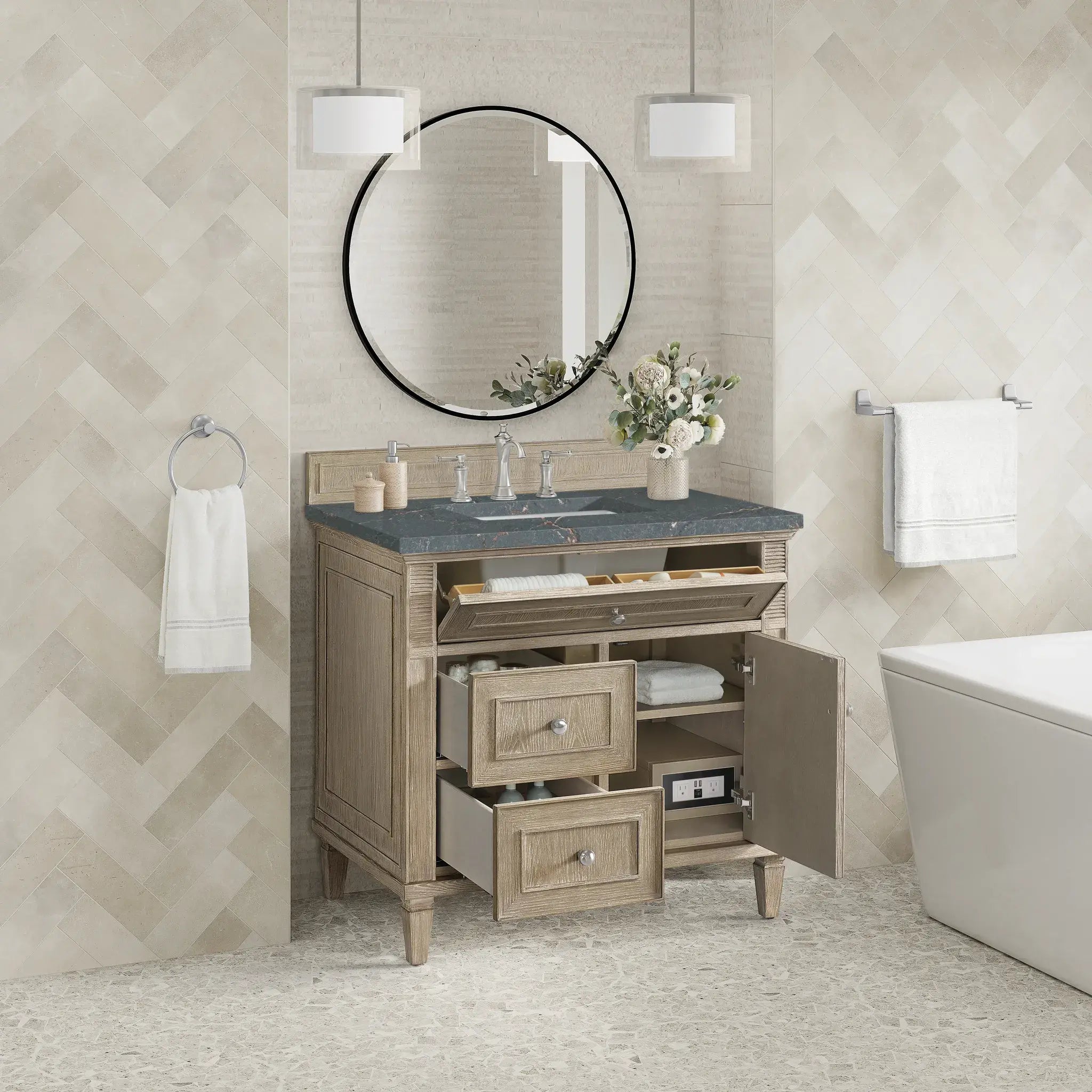 36" Lorelai Single Vanity in Whitewashed Oak-Parisien Bleu Silestone-8" Widespread image 4