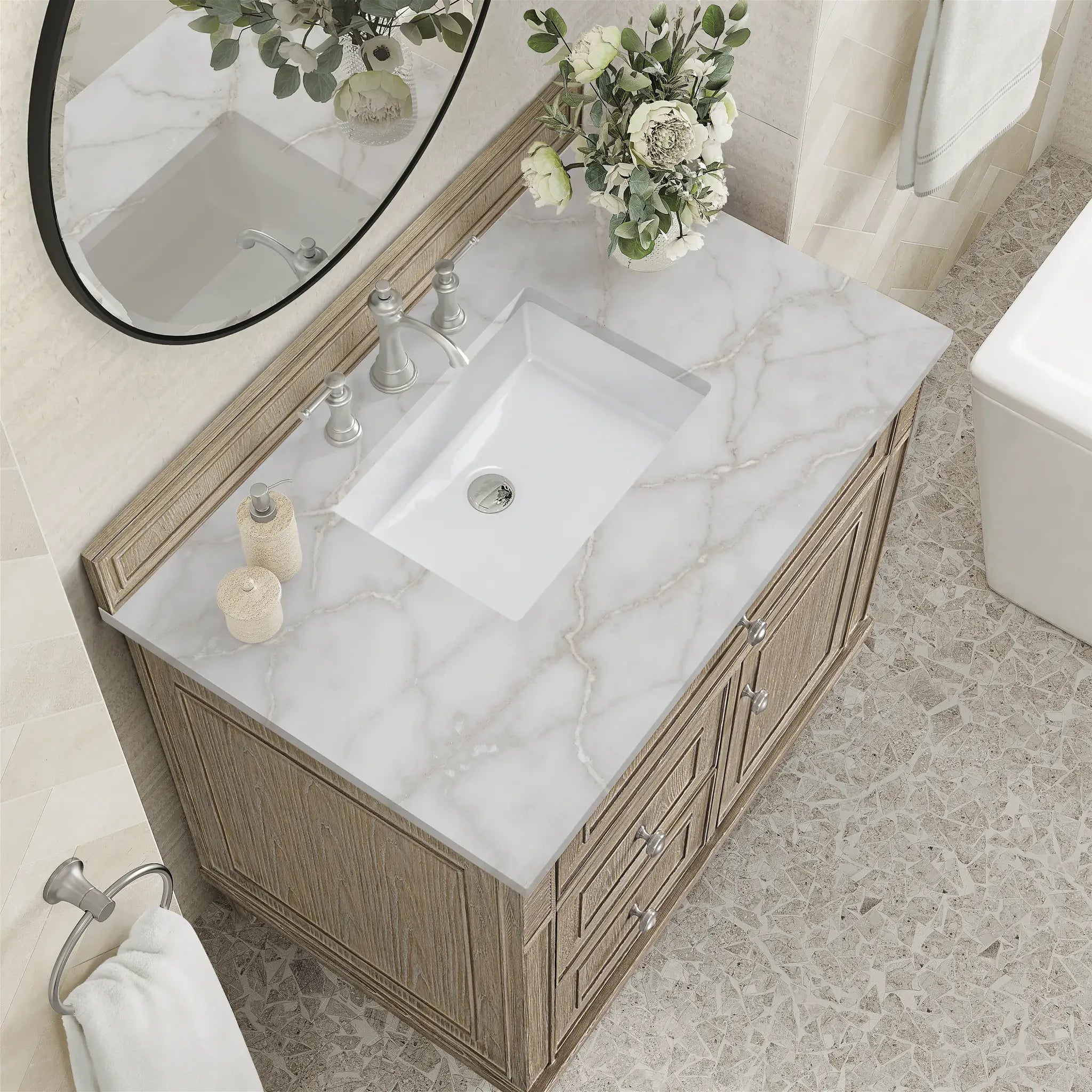36" Lorelai Single Vanity in Whitewashed Oak-Victorian Silver Silestone-8" Widespread image 6