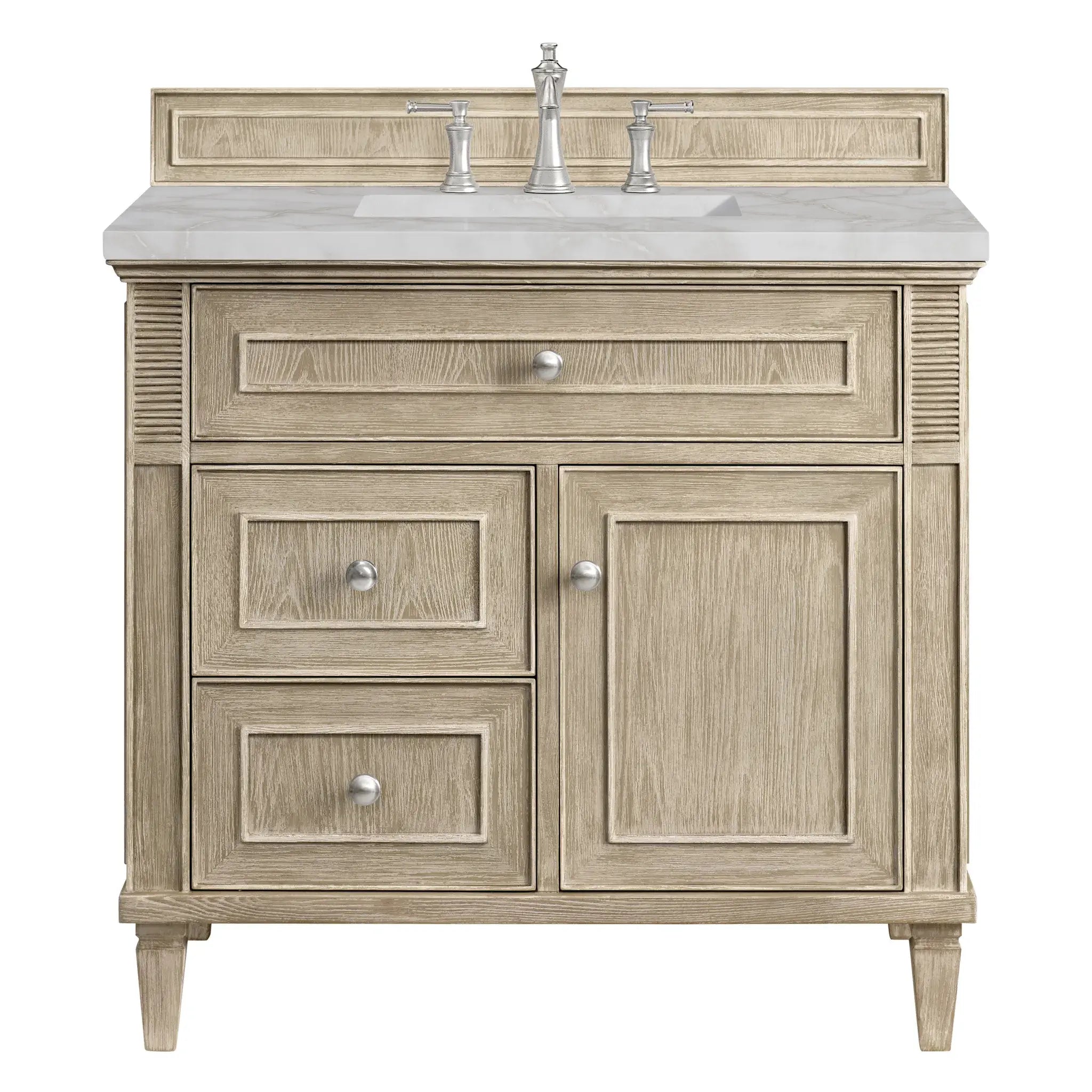 36" Lorelai Single Vanity in Whitewashed Oak-Victorian Silver Silestone-8" Widespread image