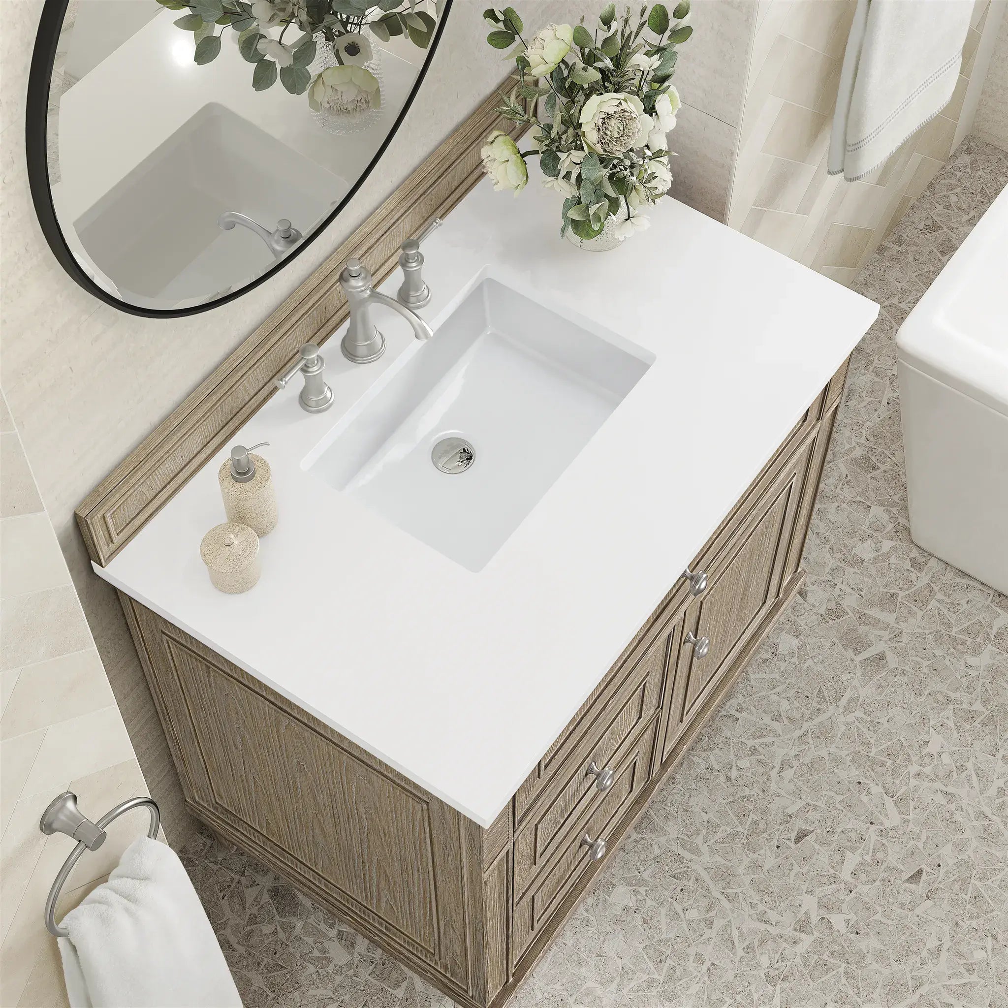 36" Lorelai Single Vanity in Whitewashed Oak-White Zeus Silestone-8" Widespread image 7