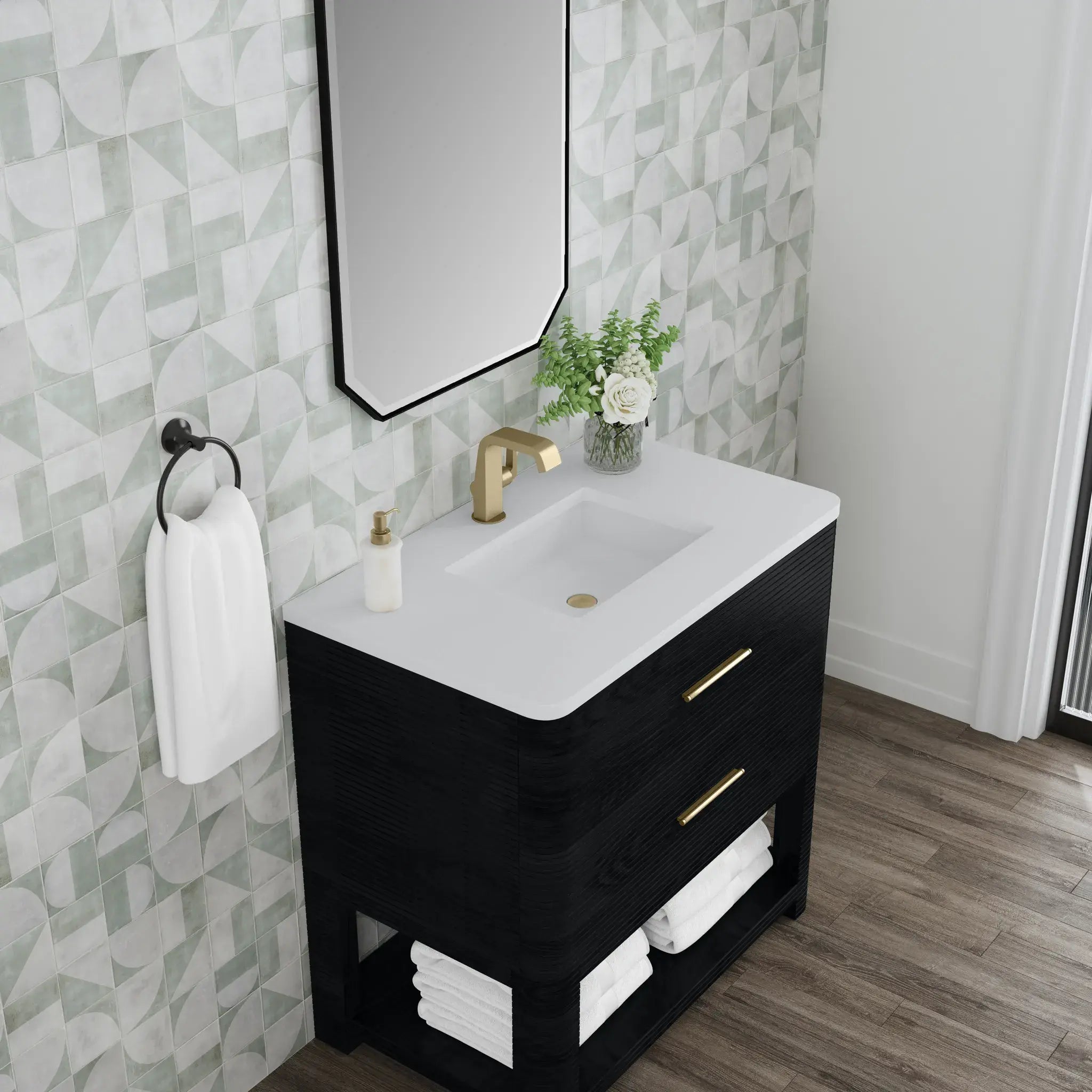 36" Lucian Single Vanity in Carbon Oak-White Zeus Silestone-Single Hole image 6