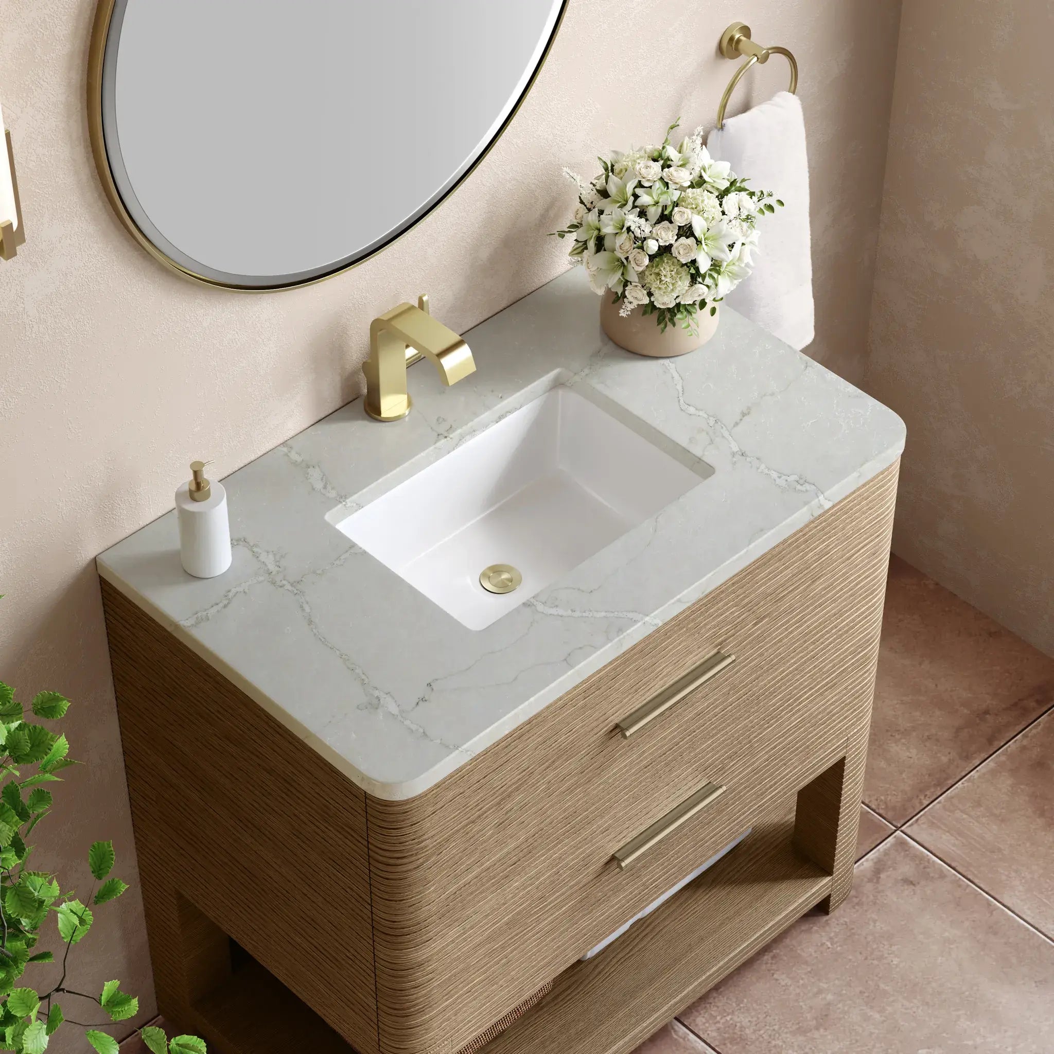 36" Lucian Single Vanity in Pebble Oak-Victorian Silver Silestone-Single Hole image 4