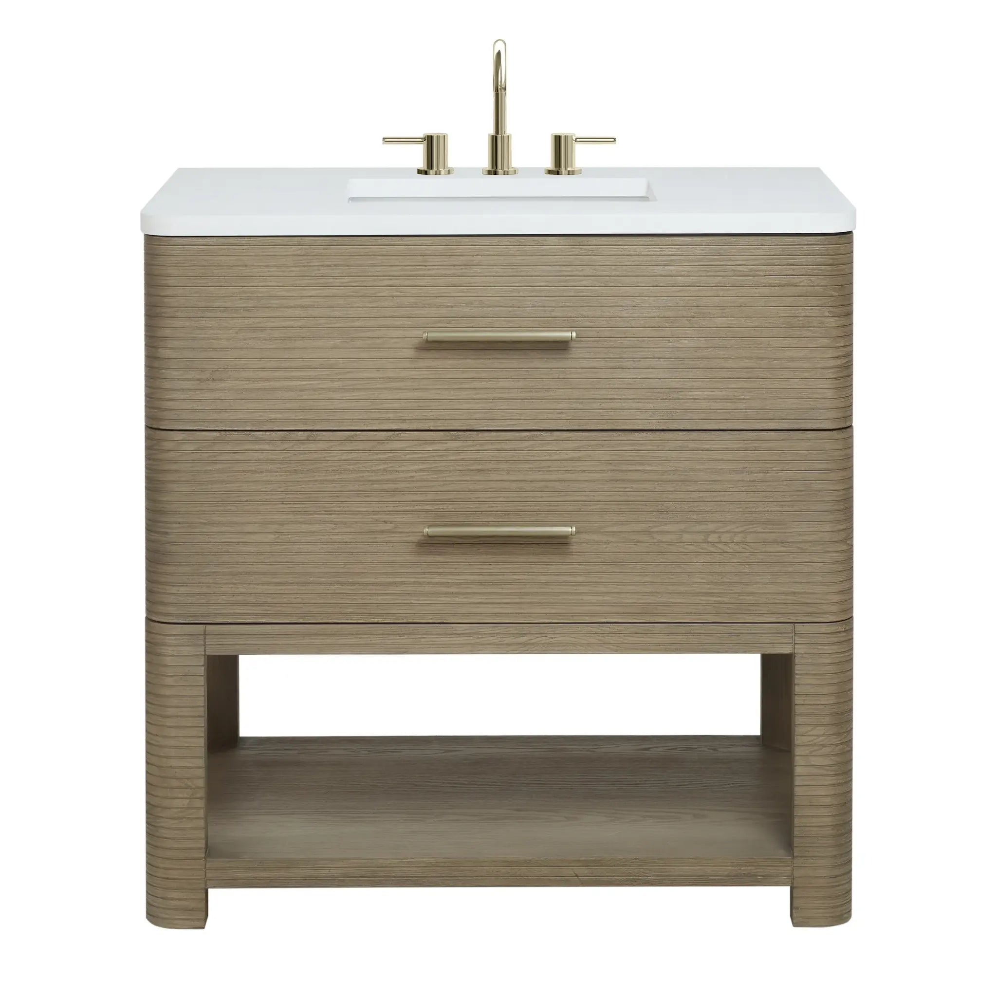 36" Lucian Single Vanity in Pebble Oak-White Zeus Silestone-8" Widespread image
