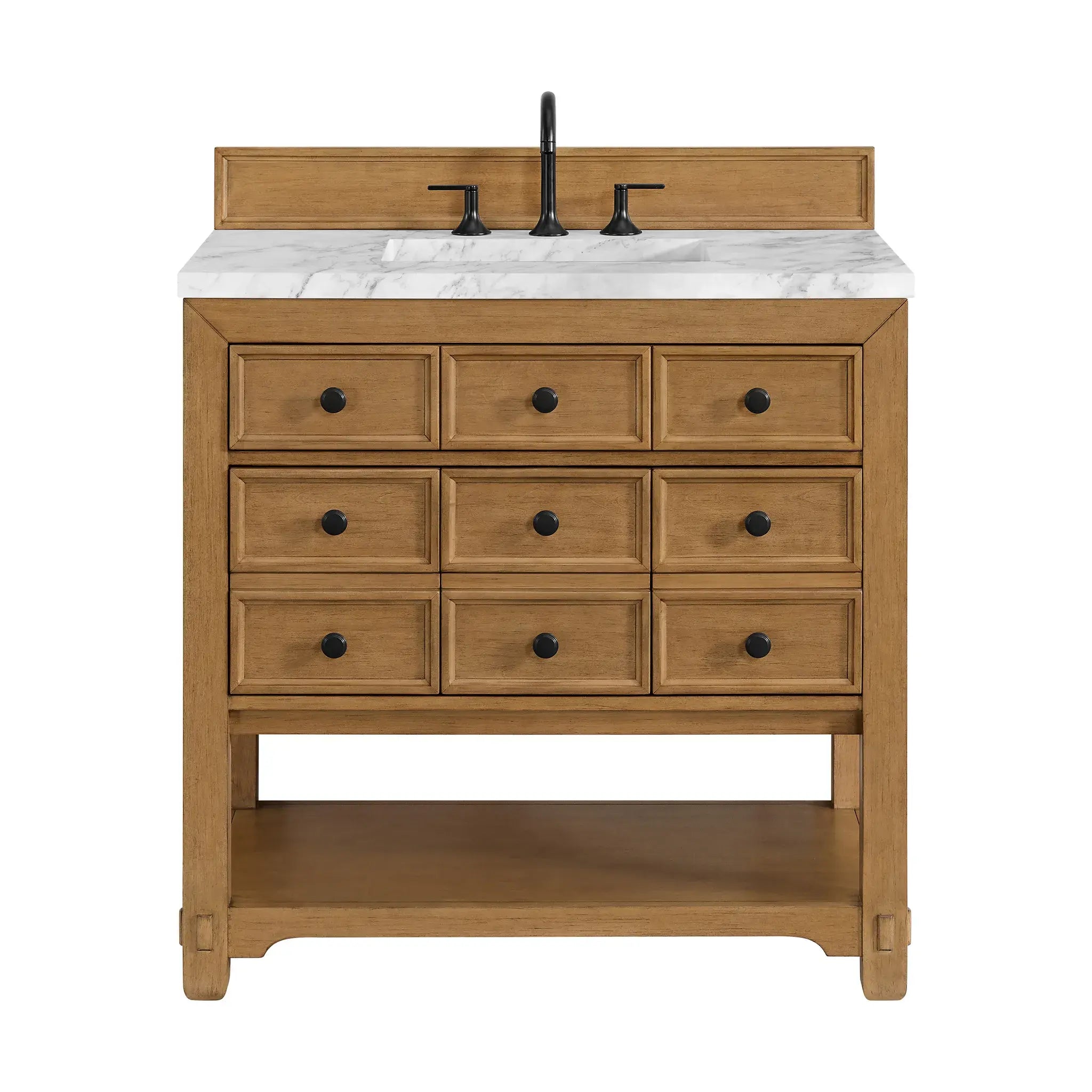 36" Malibu Single Vanity in Amber Birch-Carrara White Marble-8" Widespread image