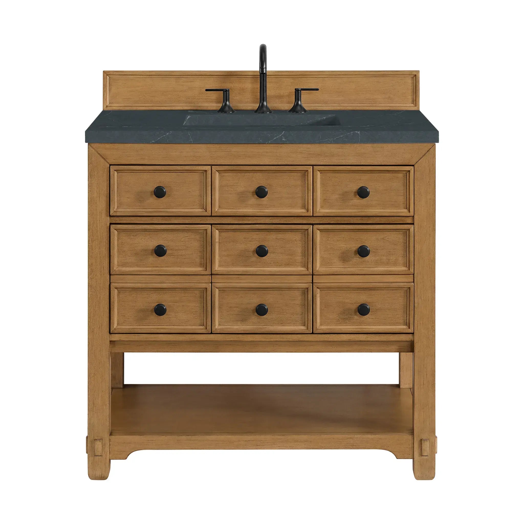 36" Malibu Single Vanity in Amber Birch-Charcoal Soapstone Silestone-8" Widespread image