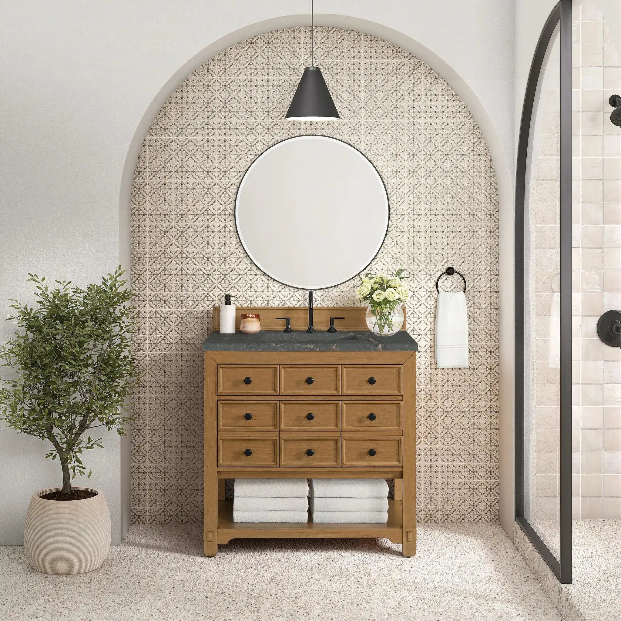 36" Malibu Single Vanity in Amber Birch-Parisien Bleu Silestone-8" Widespread image 2 new
