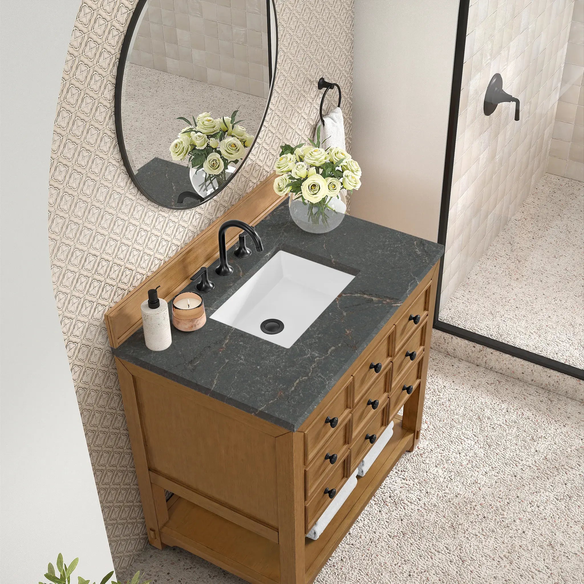 36" Malibu Single Vanity in Amber Birch-Parisien Bleu Silestone-8" Widespread image 6