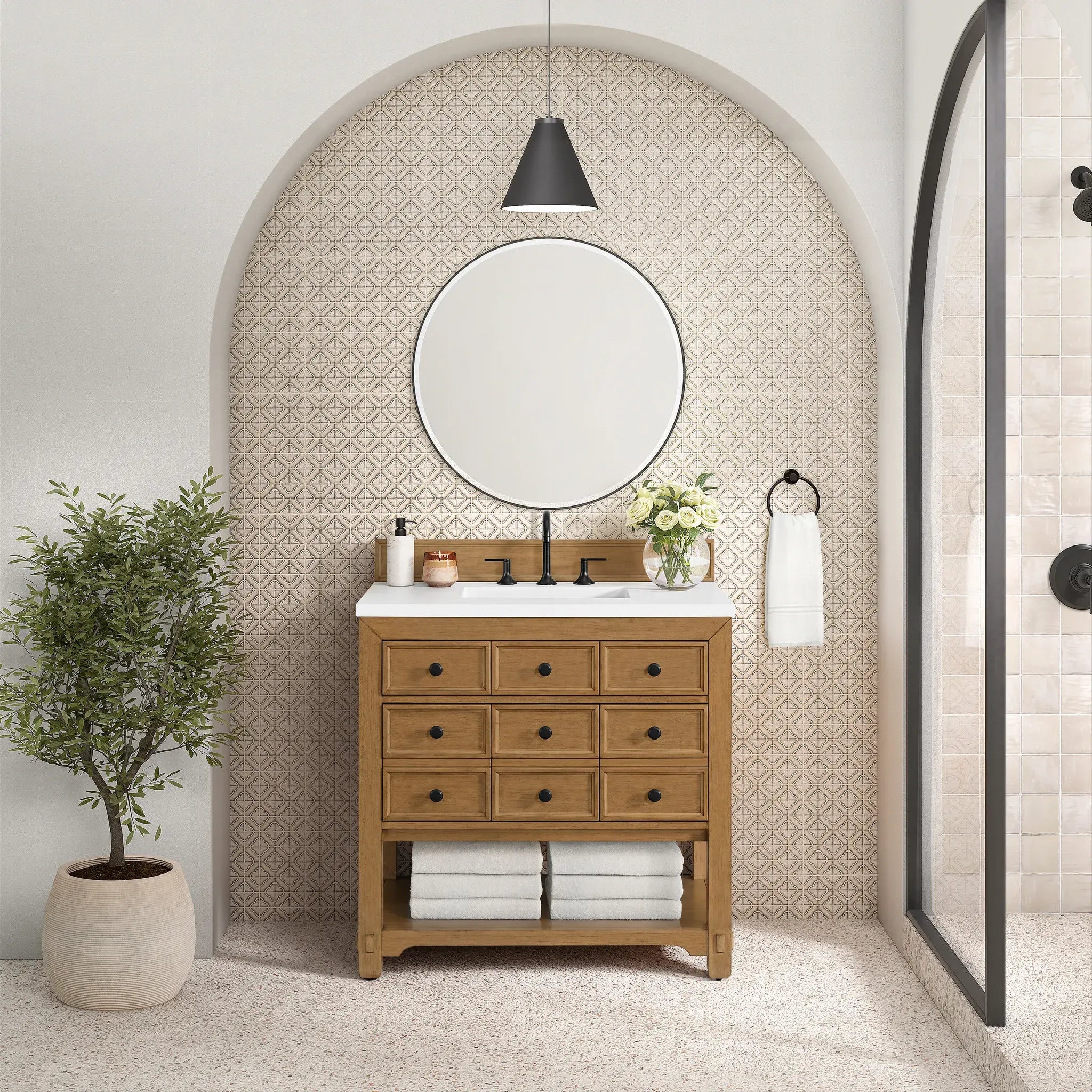 36" Malibu Single Vanity in Amber Birch-White Zeus Silestone-8" Widespread image 2