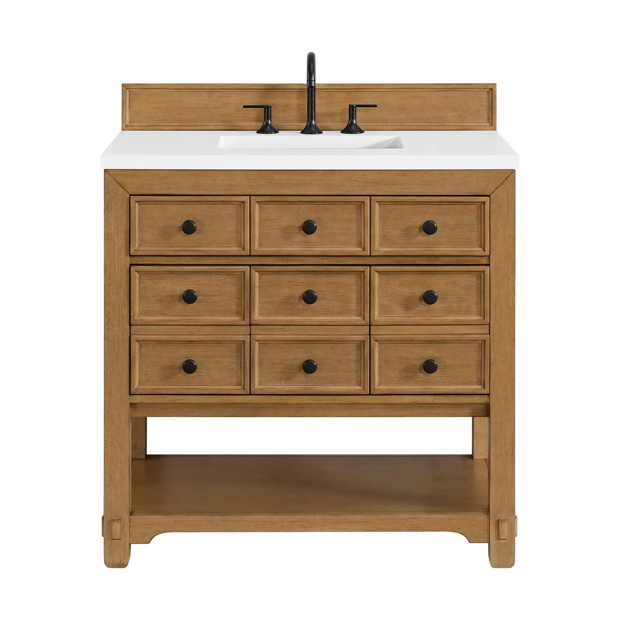 36" Malibu Single Vanity in Amber Birch-White Zeus Silestone-8" Widespread image