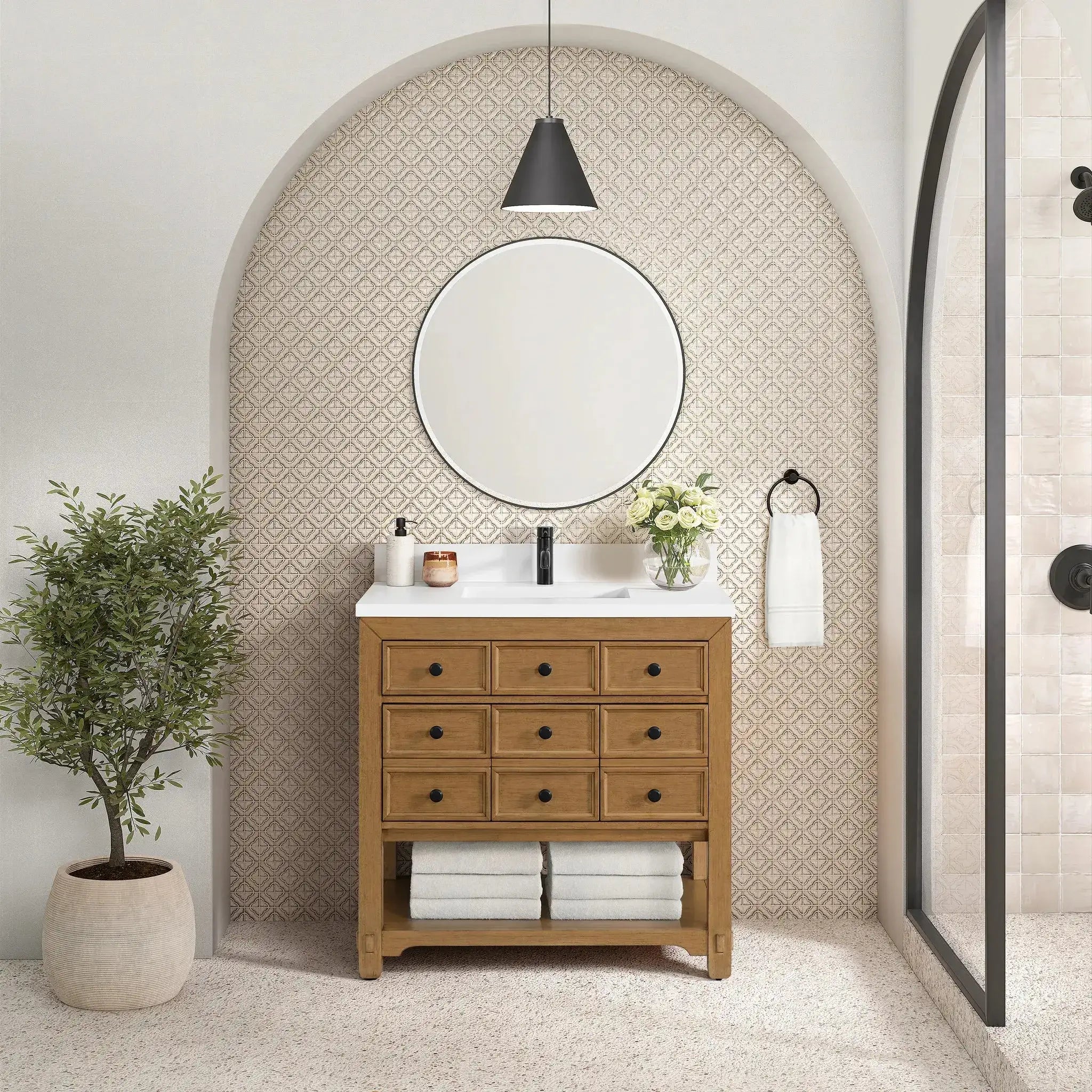 36" Malibu Single Vanity in Amber Birch-White Zeus Silestone & Backsplash-Single Hole image 2 new