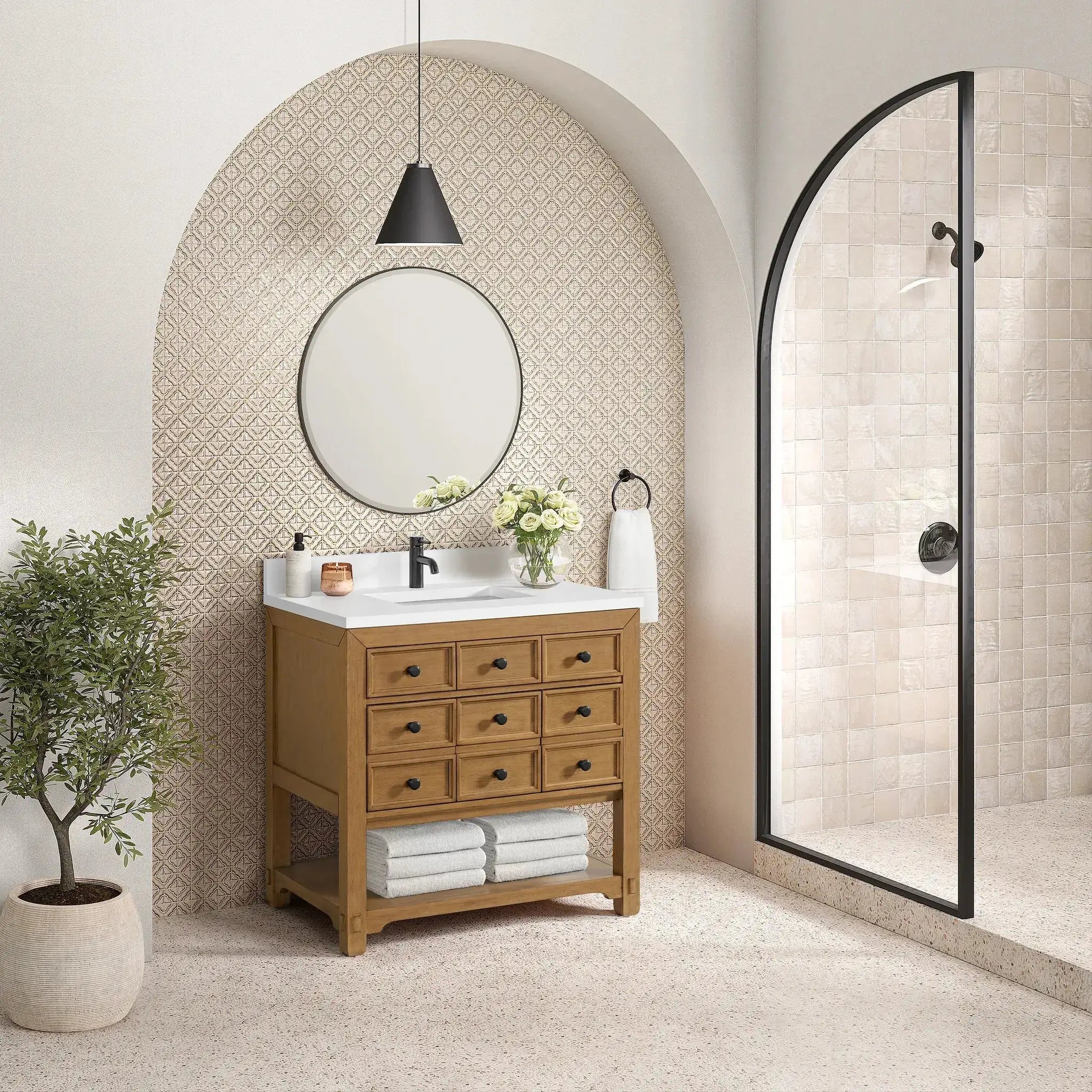 36" Malibu Single Vanity in Amber Birch-White Zeus Silestone & Backsplash-Single Hole image 3 new