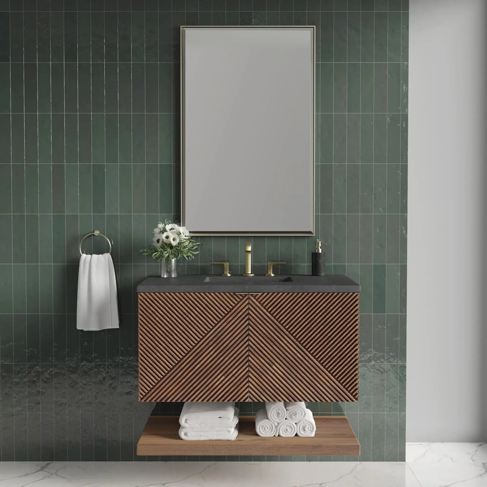 36" Marcello Single Vanity in Chestnut-Charcoal Soapstone Silestone-8" Widespread image 2