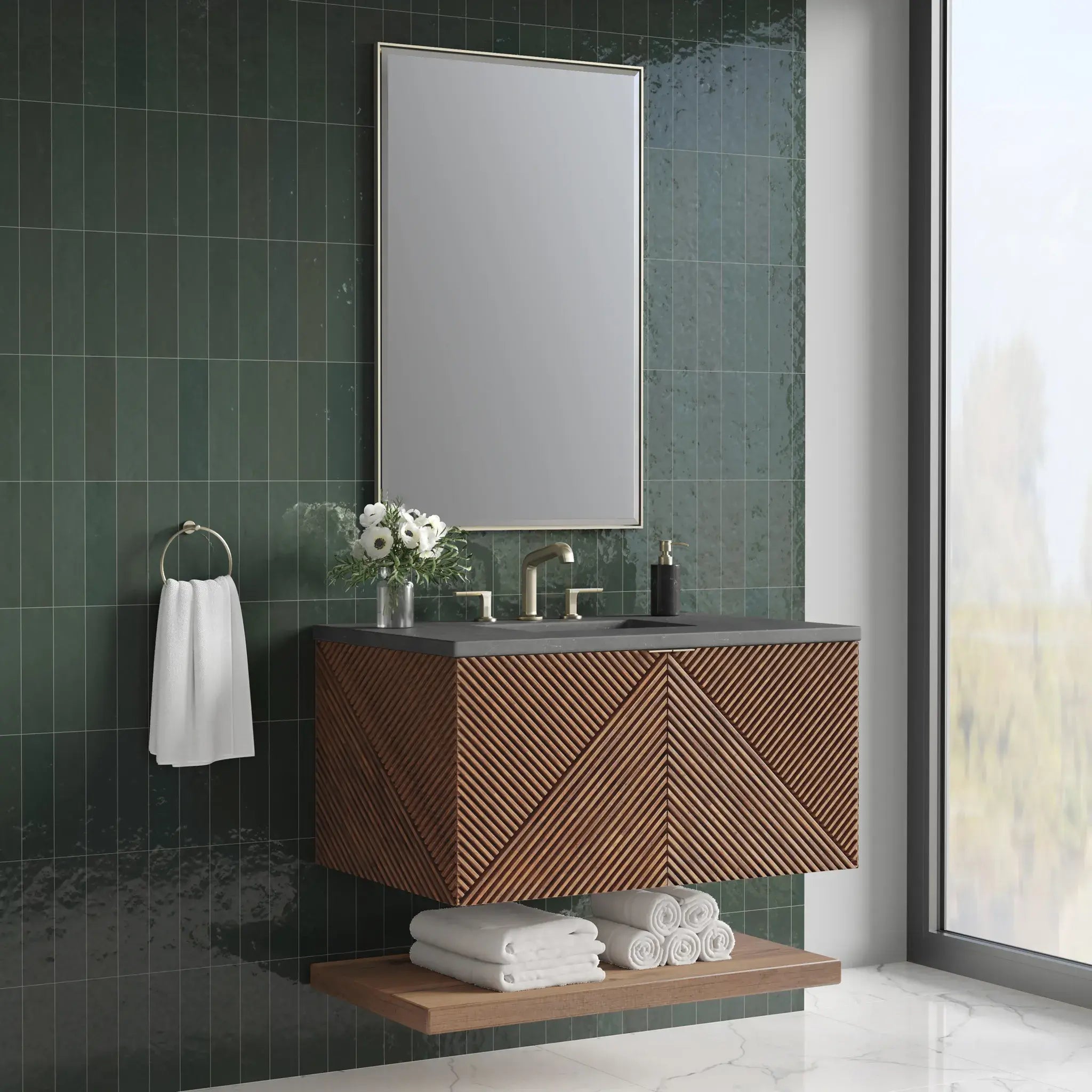 36" Marcello Single Vanity in Chestnut-Charcoal Soapstone Silestone-8" Widespread image 3