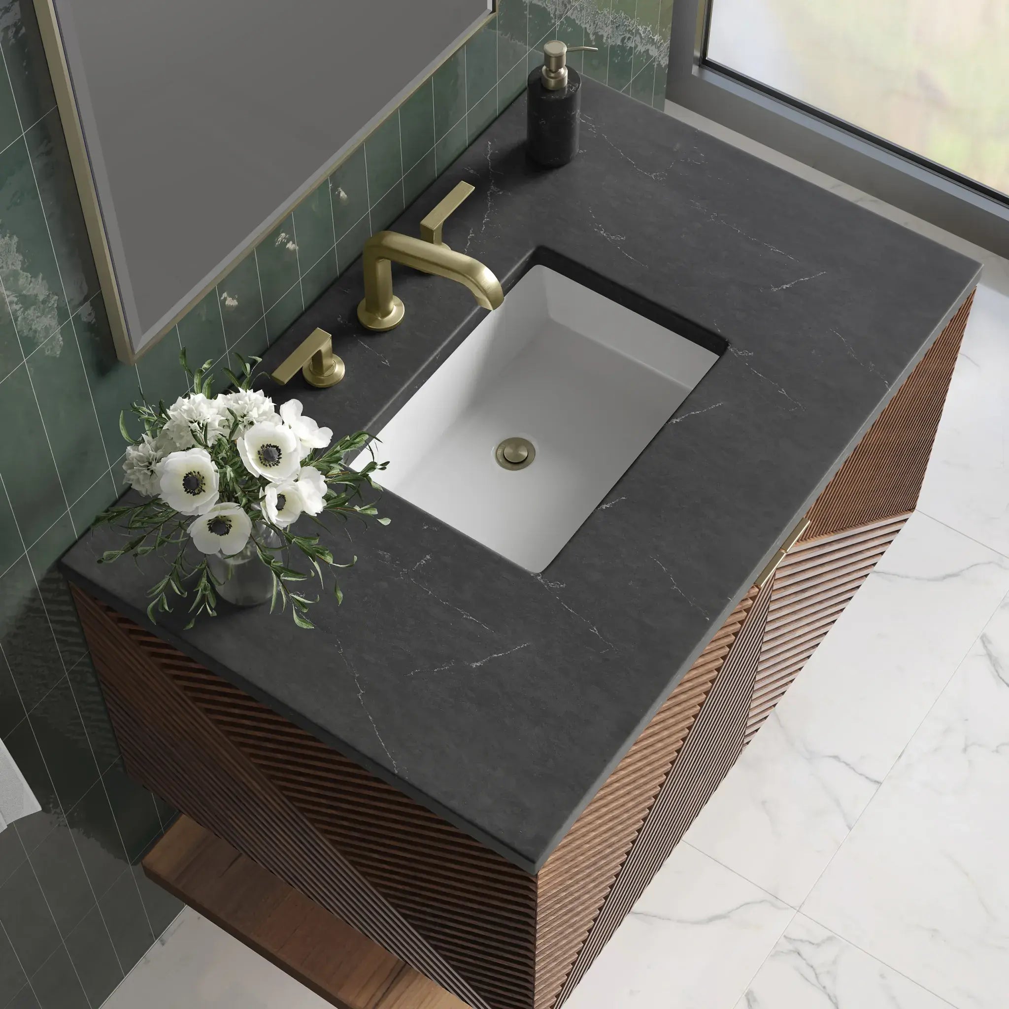 36" Marcello Single Vanity in Chestnut-Charcoal Soapstone Silestone-8" Widespread image 4