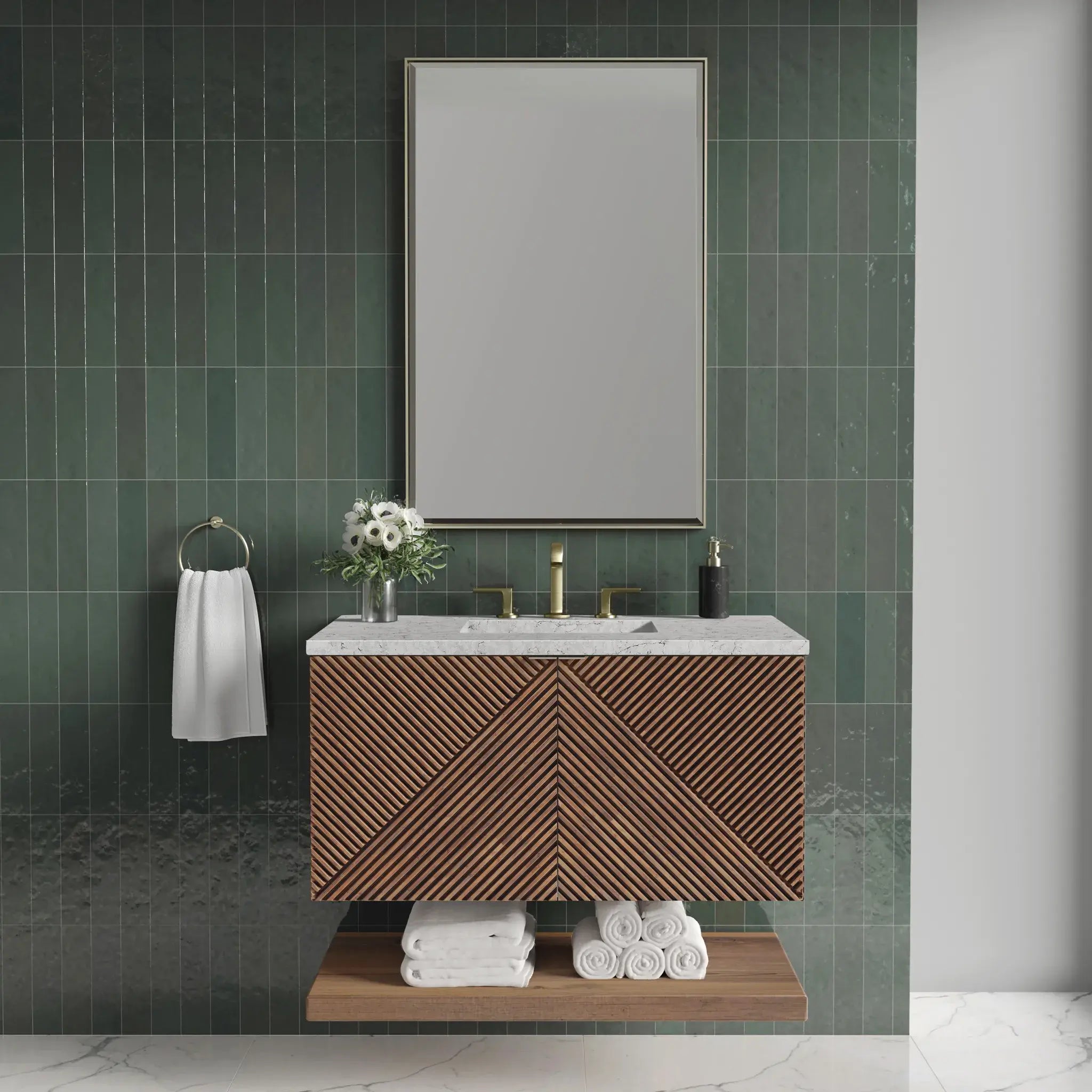 36" Marcello Single Vanity in Chestnut-Eternal Jasmine Pearl Silestone-8" Widespread image 2
