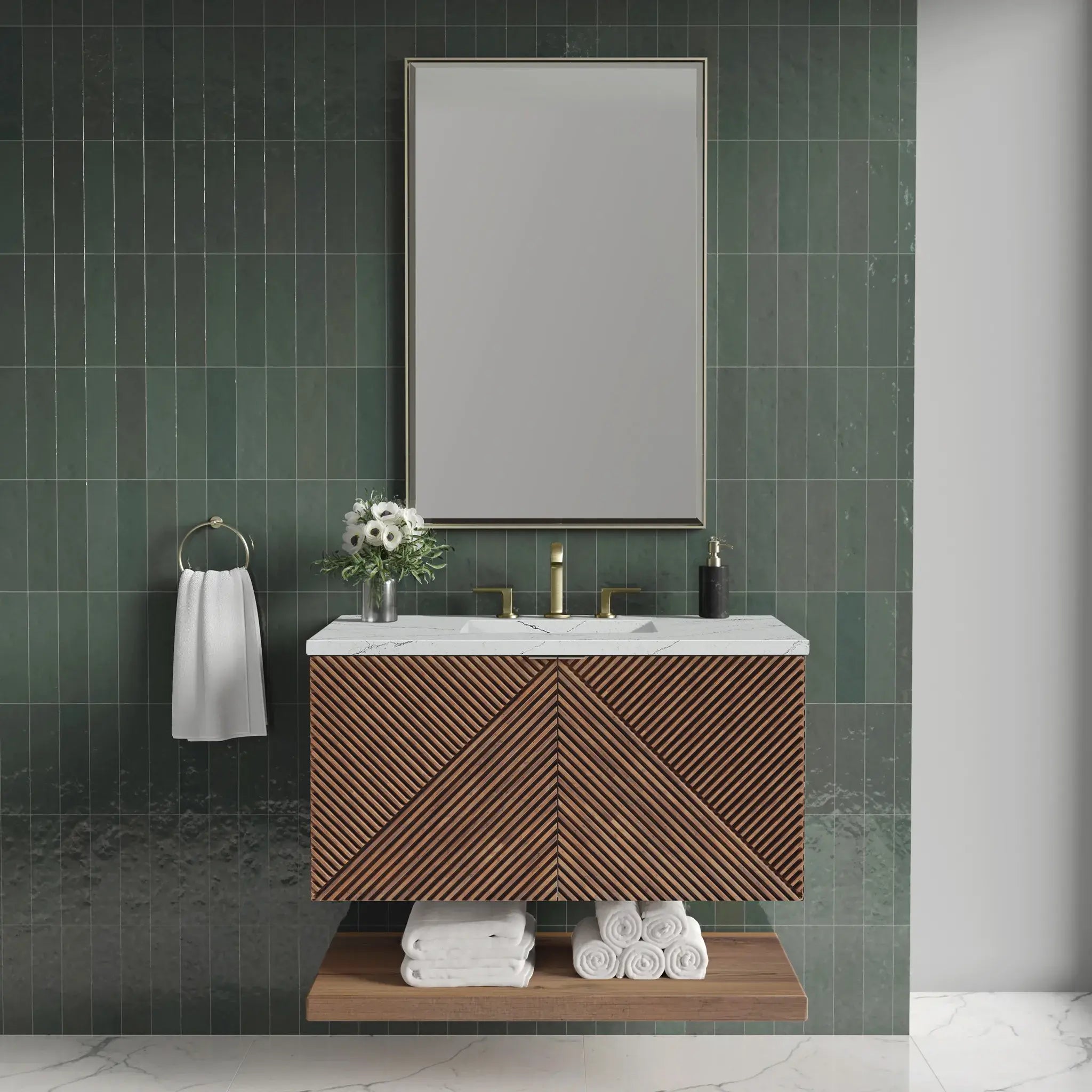36" Marcello Single Vanity in Chestnut-Ethereal Noctis Silestone-8" Widespread image 2