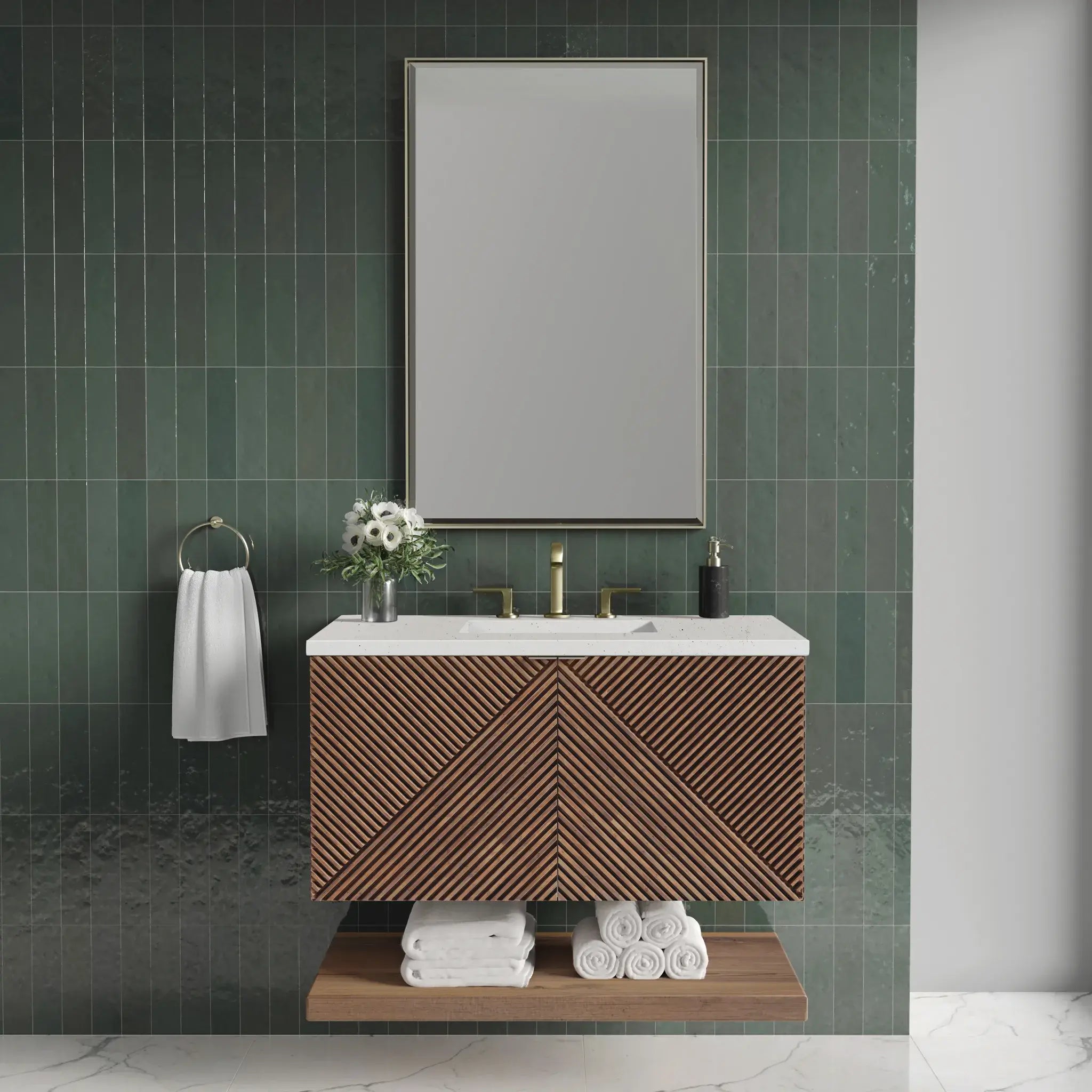 36" Marcello Single Vanity in Chestnut-Lime Delight Silestone-8" Widespread image 1