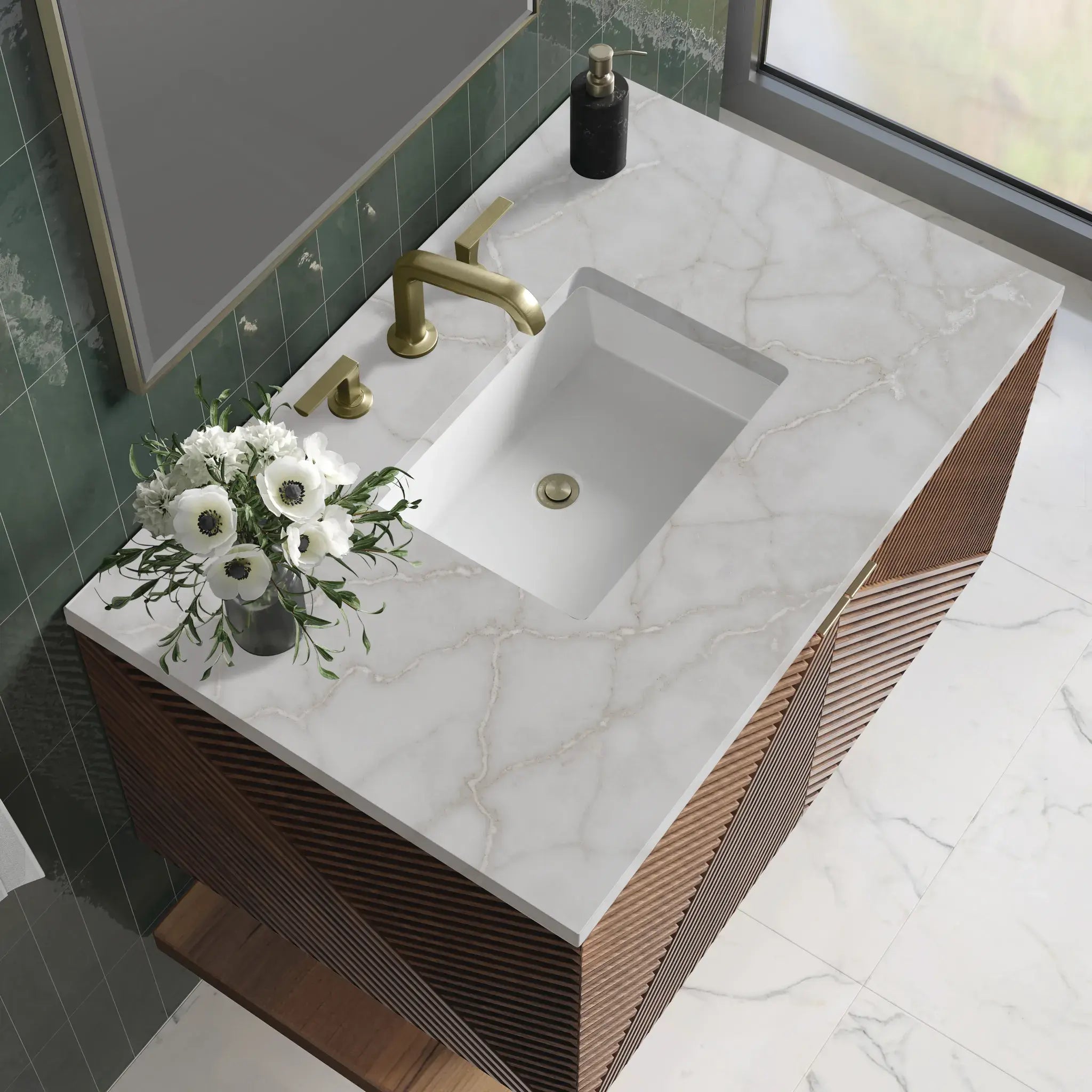 36" Marcello Single Vanity in Chestnut-Victorian Silver Silestone-8" Widespread image 3