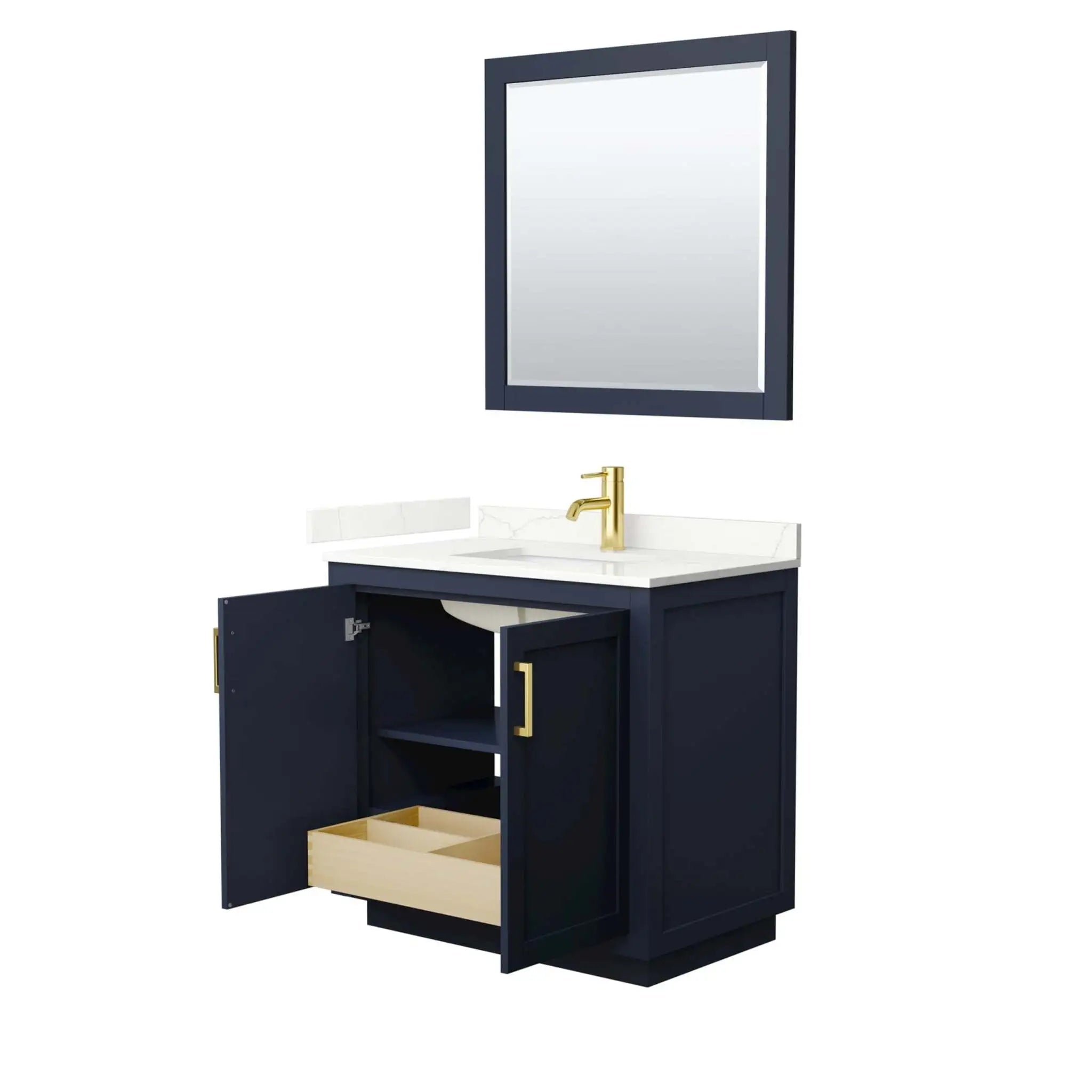 36" Miranda Single Bathroom Vanity in Dark Blue with Brushed Gold Trim & 34" Mirror by Wyndham