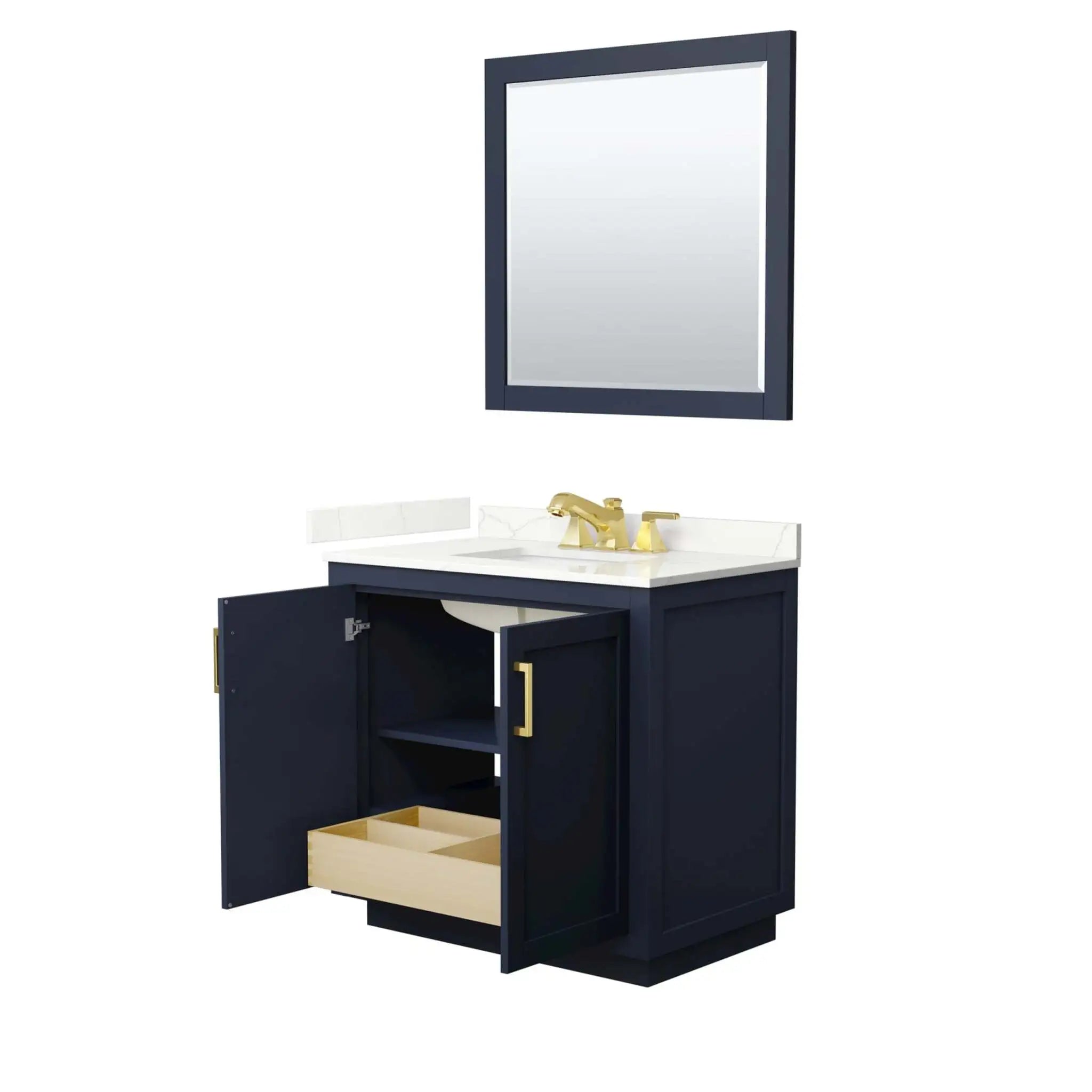 36" Miranda Single Bathroom Vanity in Dark Blue with Brushed Gold Trim & 34" Mirror by Wyndham