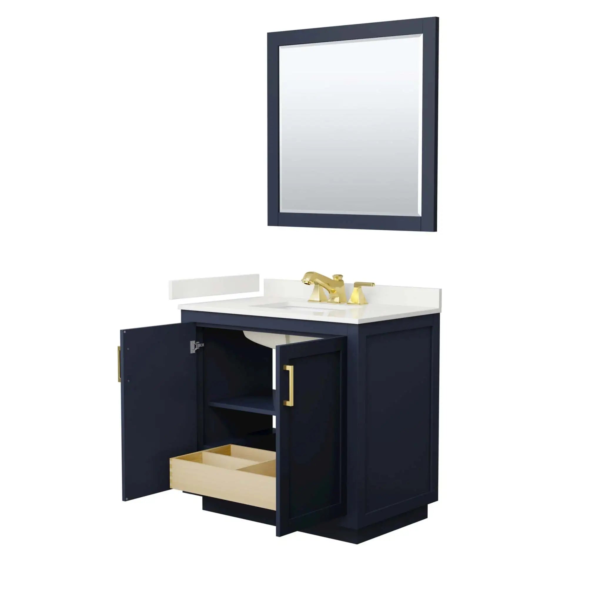 36" Miranda Single Bathroom Vanity in Dark Blue with Brushed Gold Trim & 34" Mirror by Wyndham