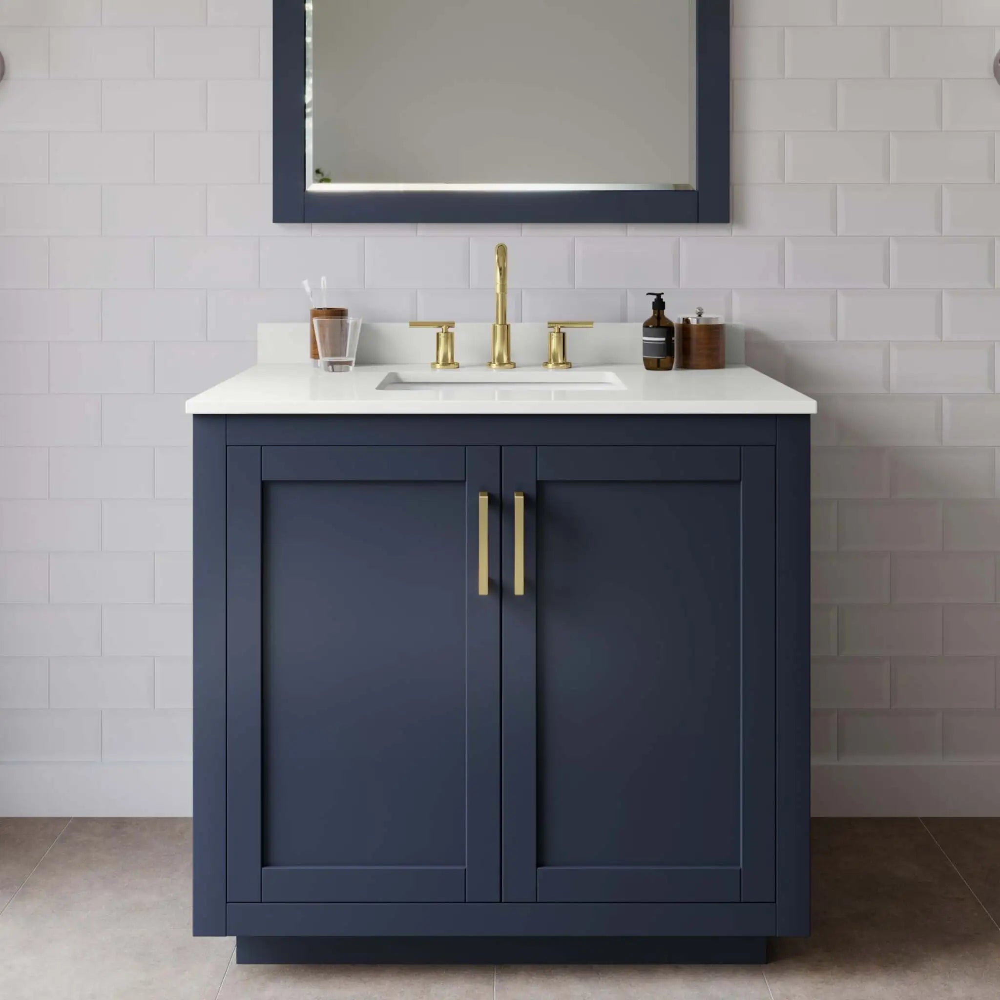 36" Miranda Single Bathroom Vanity in Dark Blue with Brushed Gold Trim by Wyndham