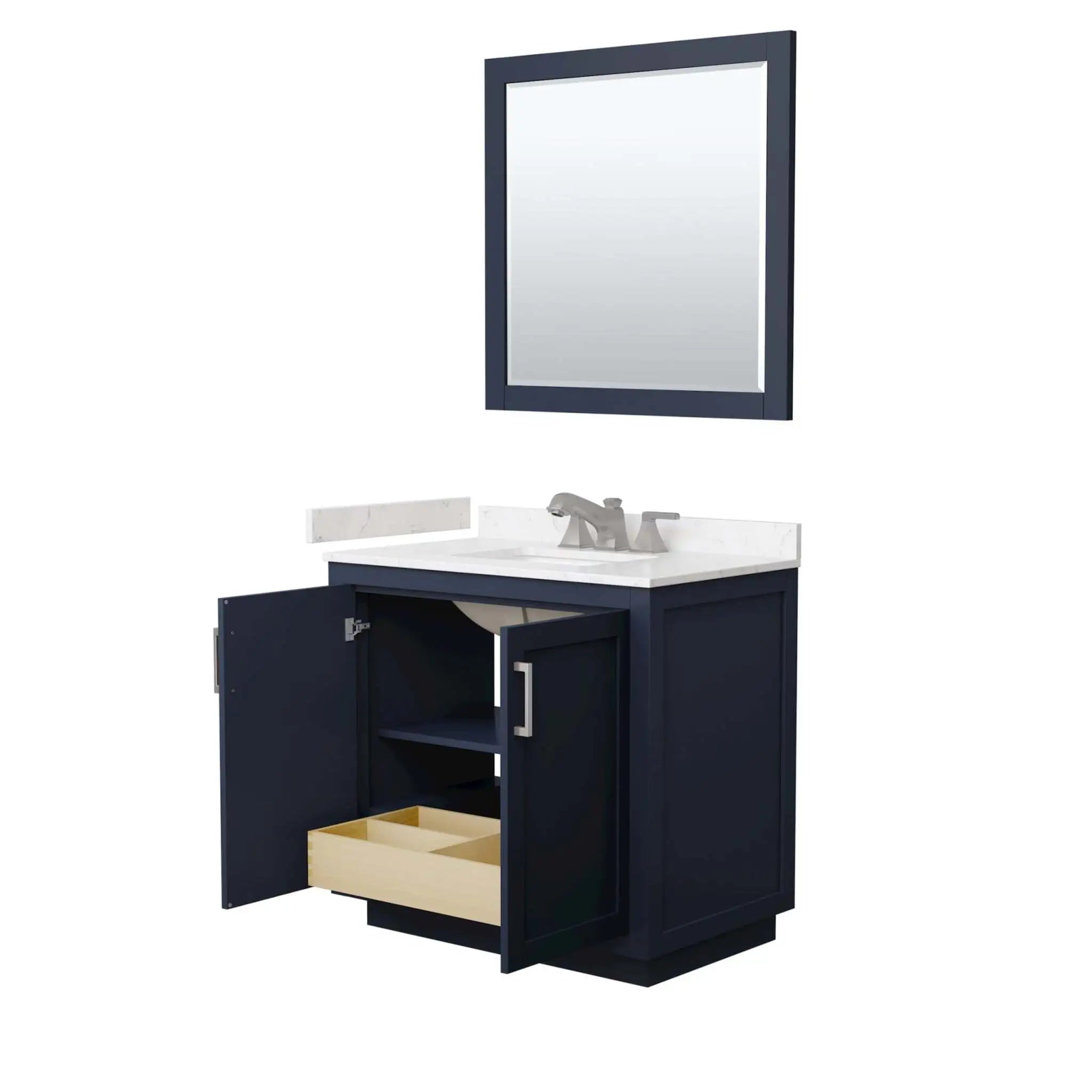 36" Miranda Single Bathroom Vanity in Dark Blue with Brushed Nickel Trim & 34" Mirror by Wyndham