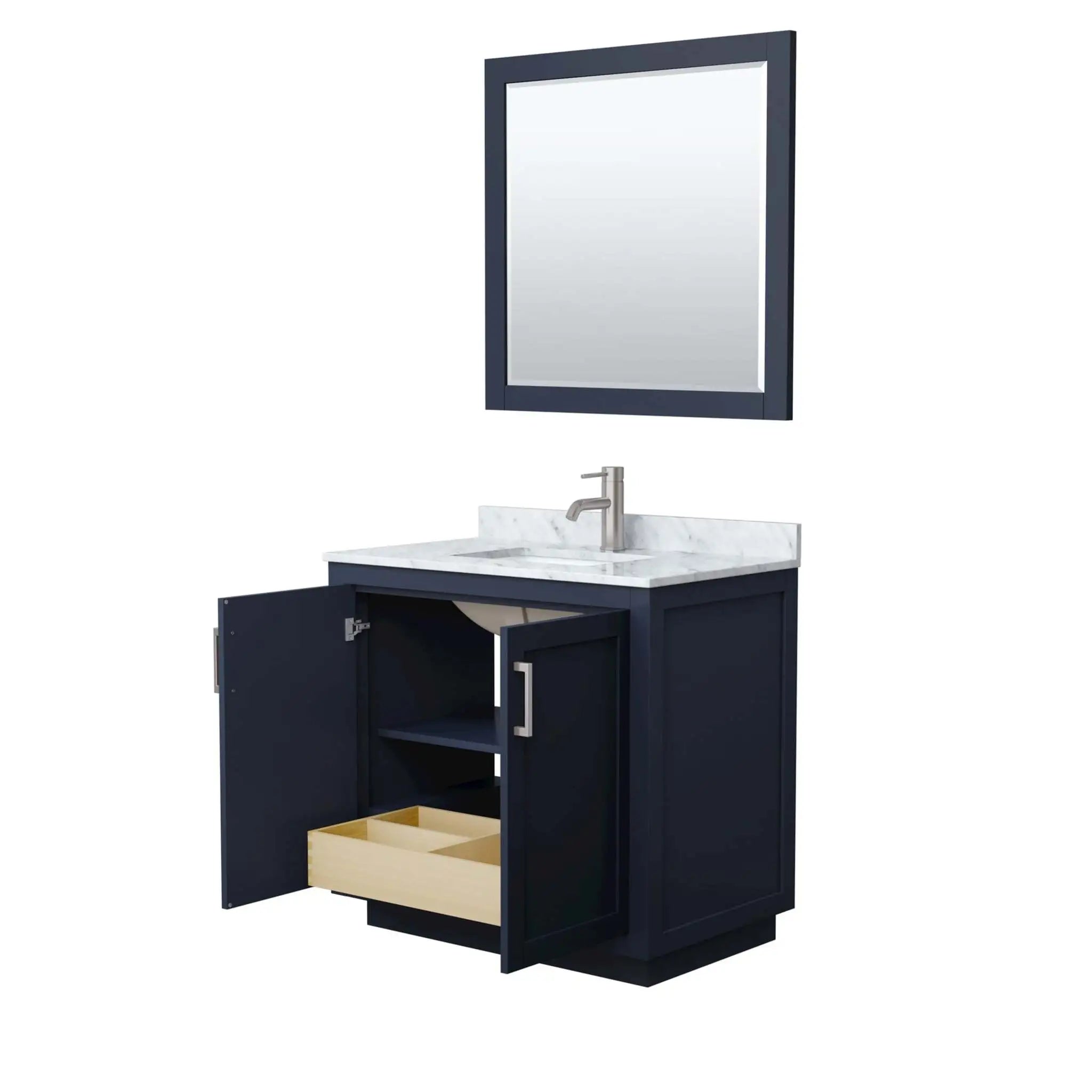 36" Miranda Single Bathroom Vanity in Dark Blue with Brushed Nickel Trim & 34" Mirror by Wyndham
