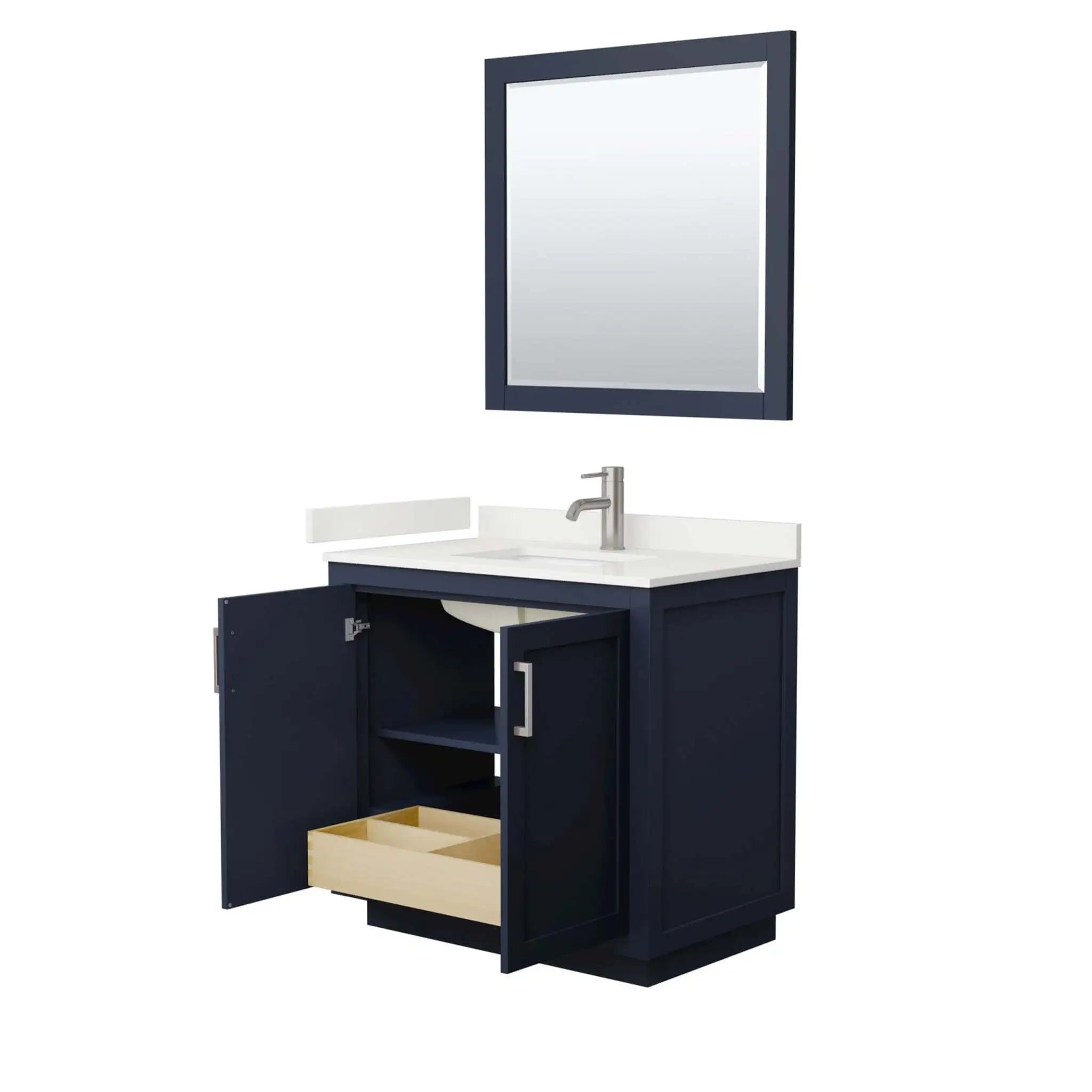 36" Miranda Single Bathroom Vanity in Dark Blue with Brushed Nickel Trim & 34" Mirror by Wyndham