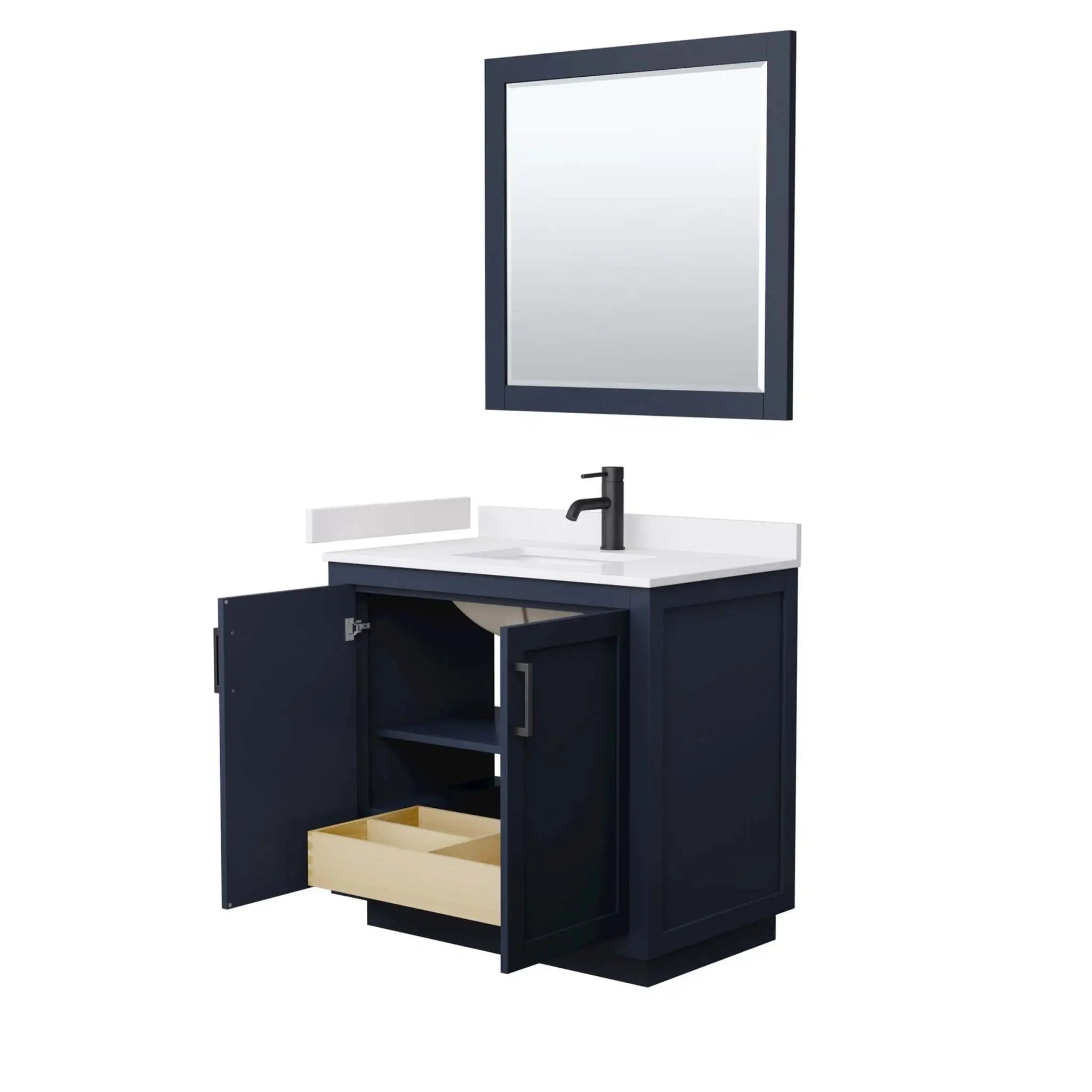 36" Miranda Single Bathroom Vanity in Dark Blue with Matte Black Trim & 34" Mirror by Wyndham