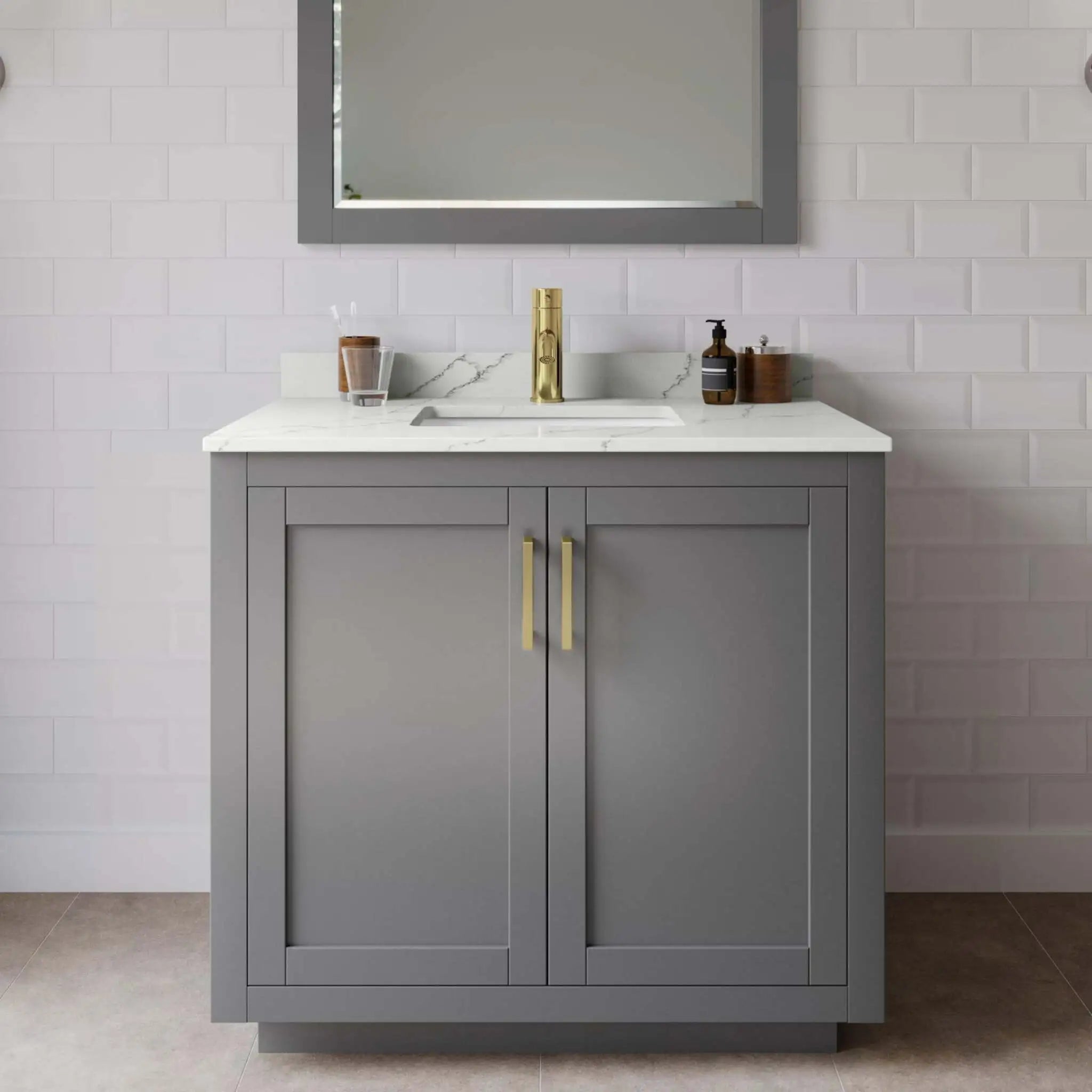 36" Miranda Single Bathroom Vanity in Dark Gray with Brushed Gold Trim & 34" Mirror by Wyndham