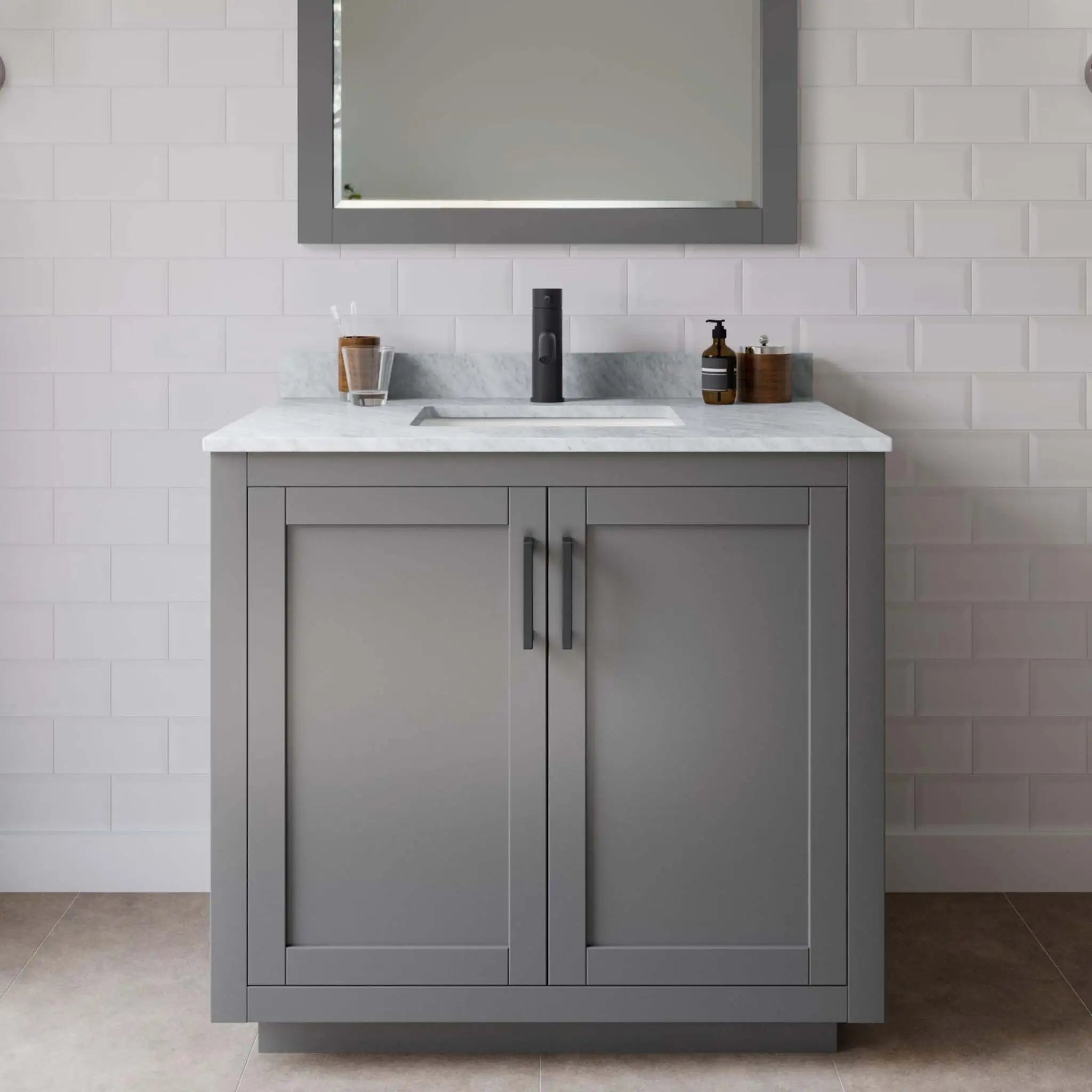 36" Miranda Single Bathroom Vanity in Dark Gray with Matte Black Trim & 34" Mirror by Wyndham