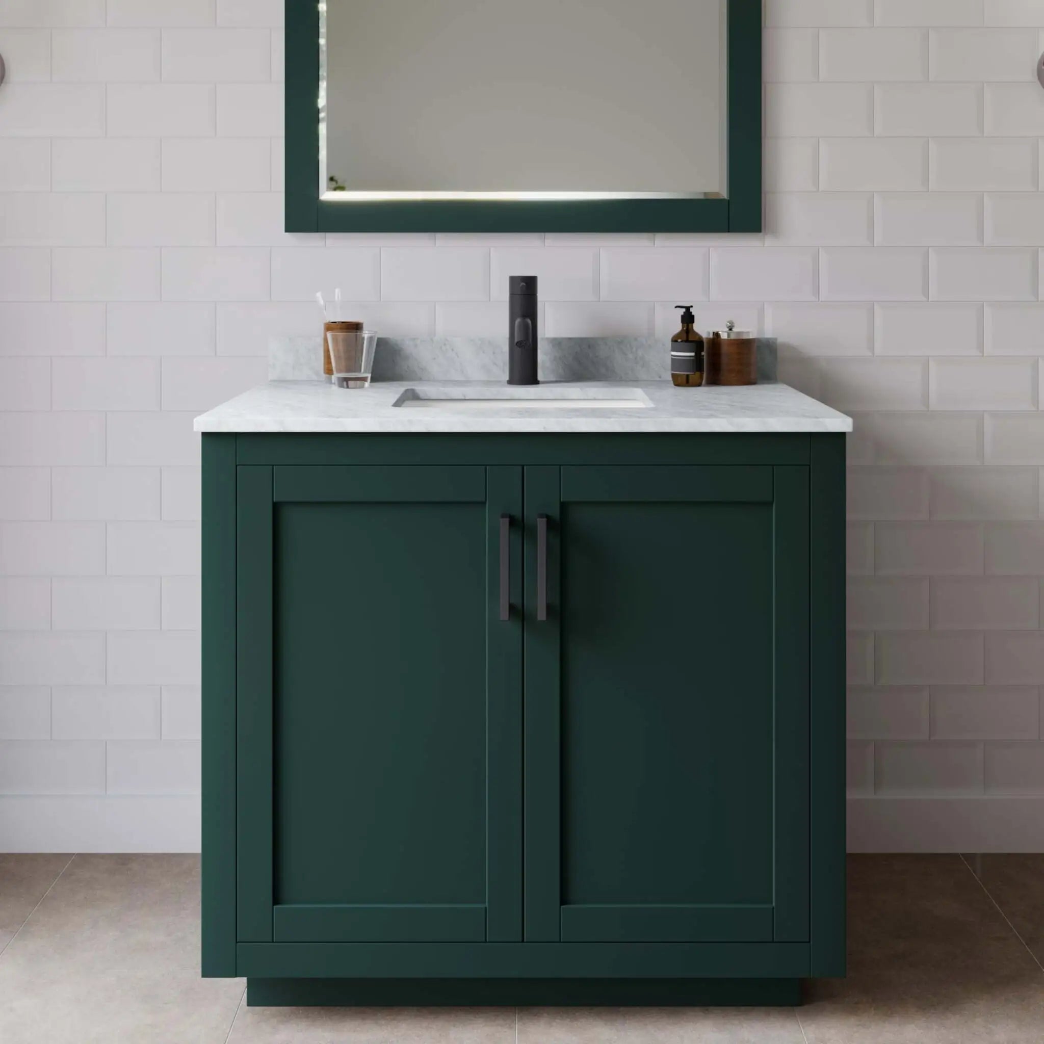 36" Miranda Single Bathroom Vanity in Green with Matte Black Trim & 34" Mirror by Wyndham