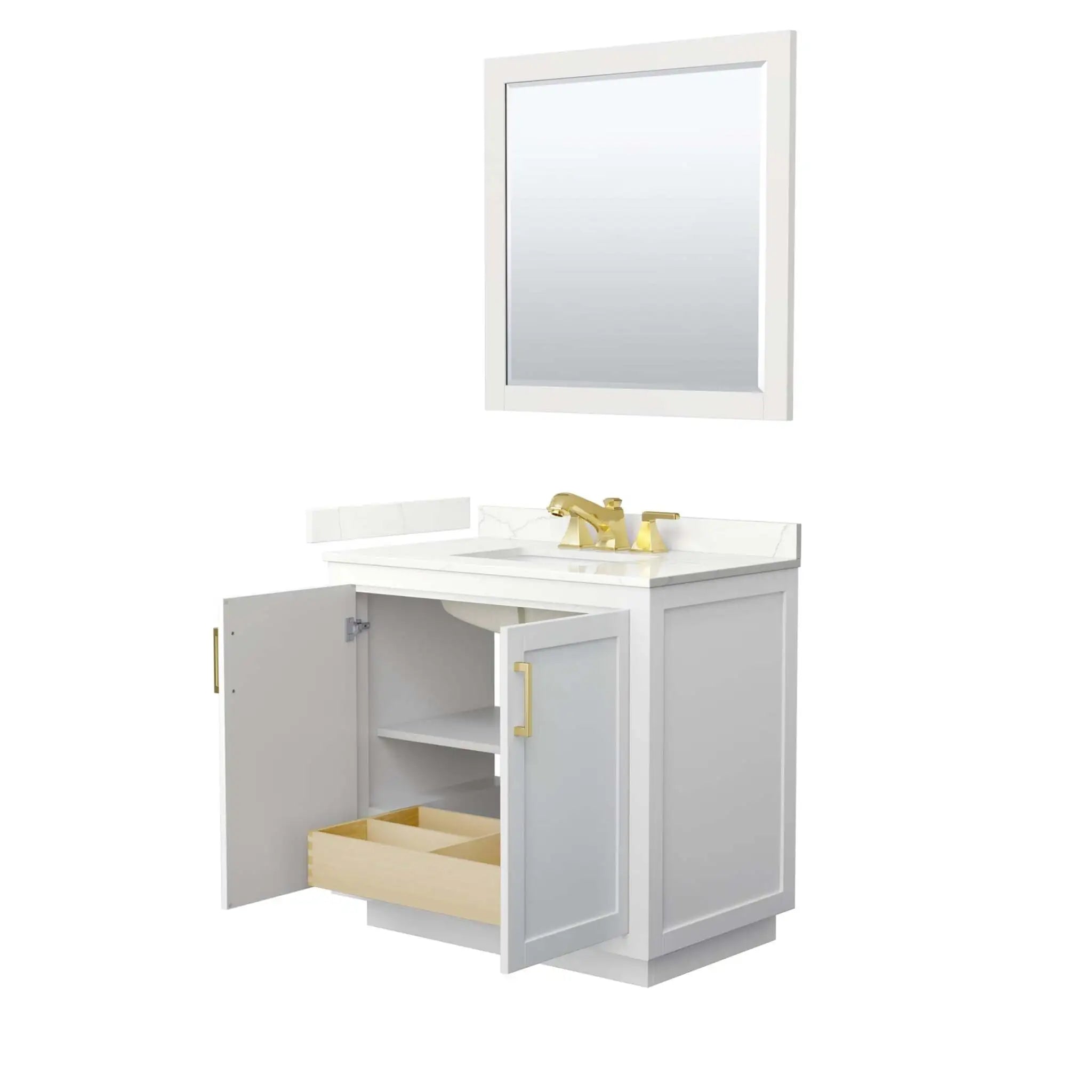 36" Miranda Single Bathroom Vanity in White with Brushed Gold Trim & 34" Mirror by Wyndham