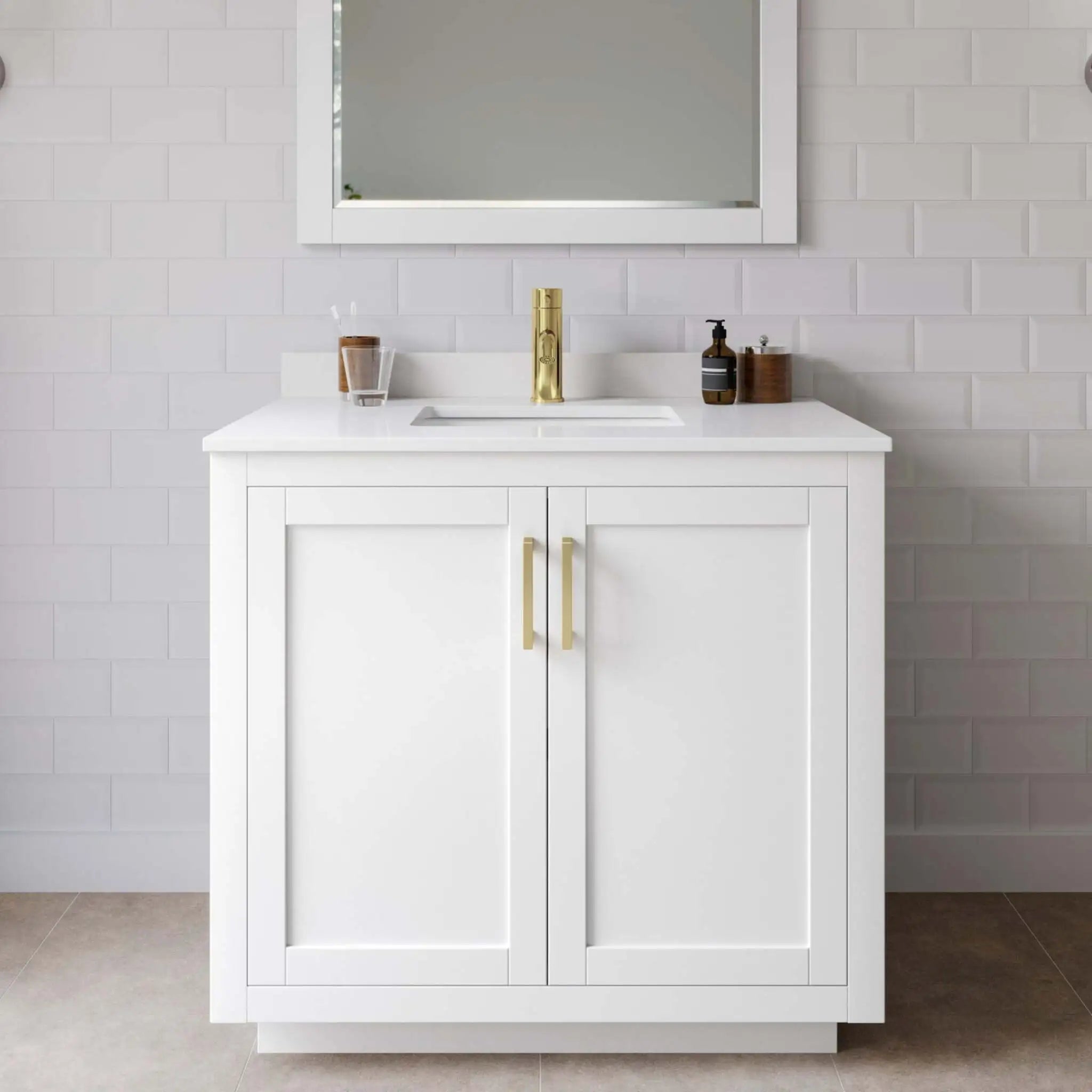 36" Miranda Single Bathroom Vanity in White with Brushed Gold Trim & 34" Mirror by Wyndham