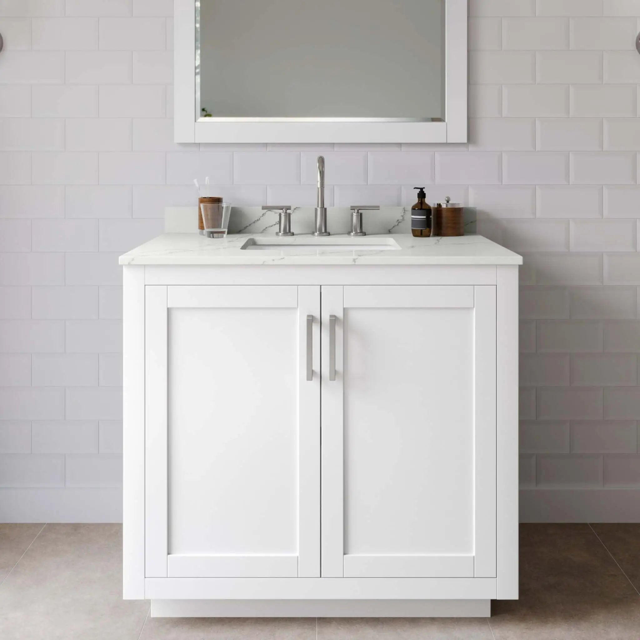 36" Miranda Single Bathroom Vanity in White with Brushed Nickel Trim & 34" Mirror by Wyndham
