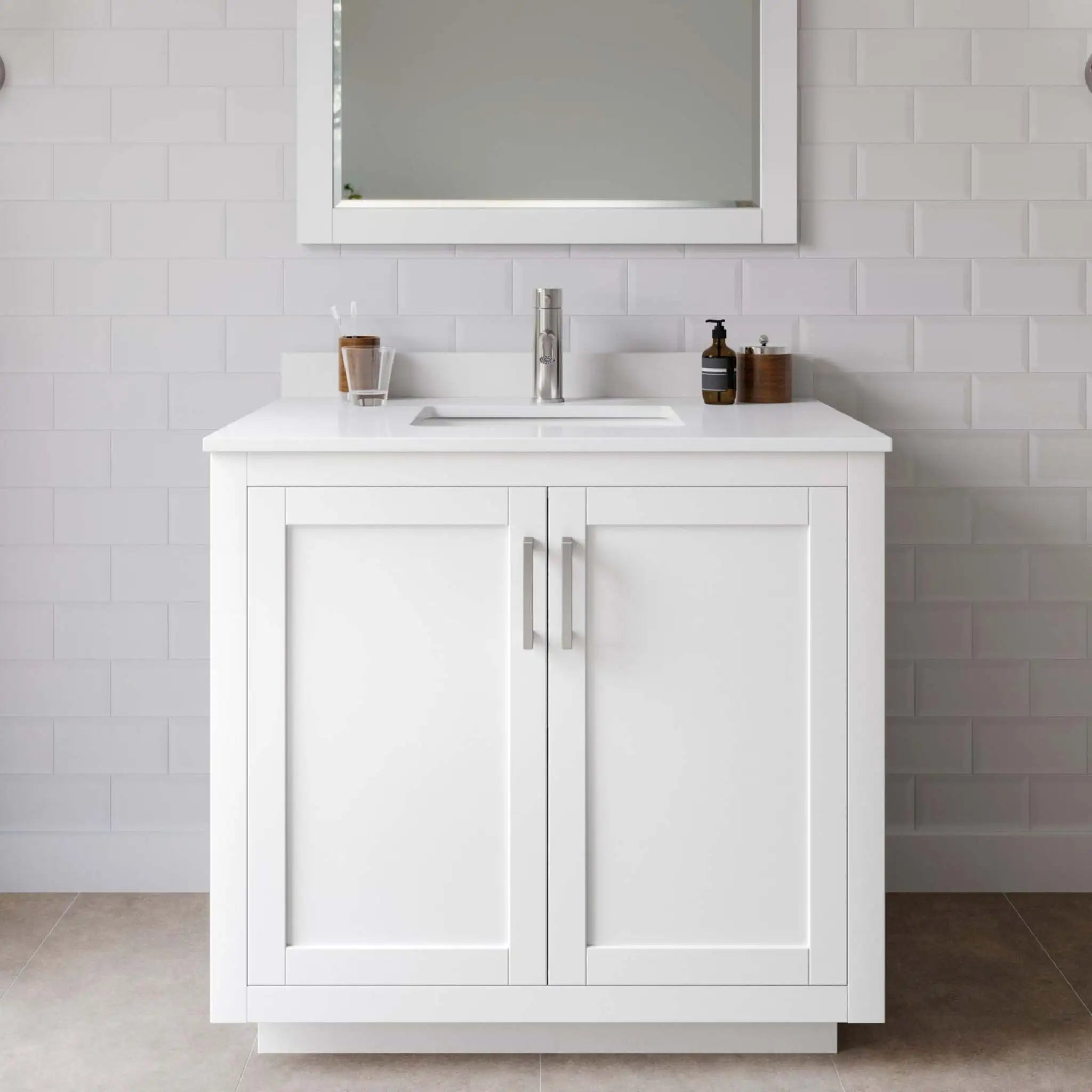 36" Miranda Single Bathroom Vanity in White with Brushed Nickel Trim & 34" Mirror by Wyndham