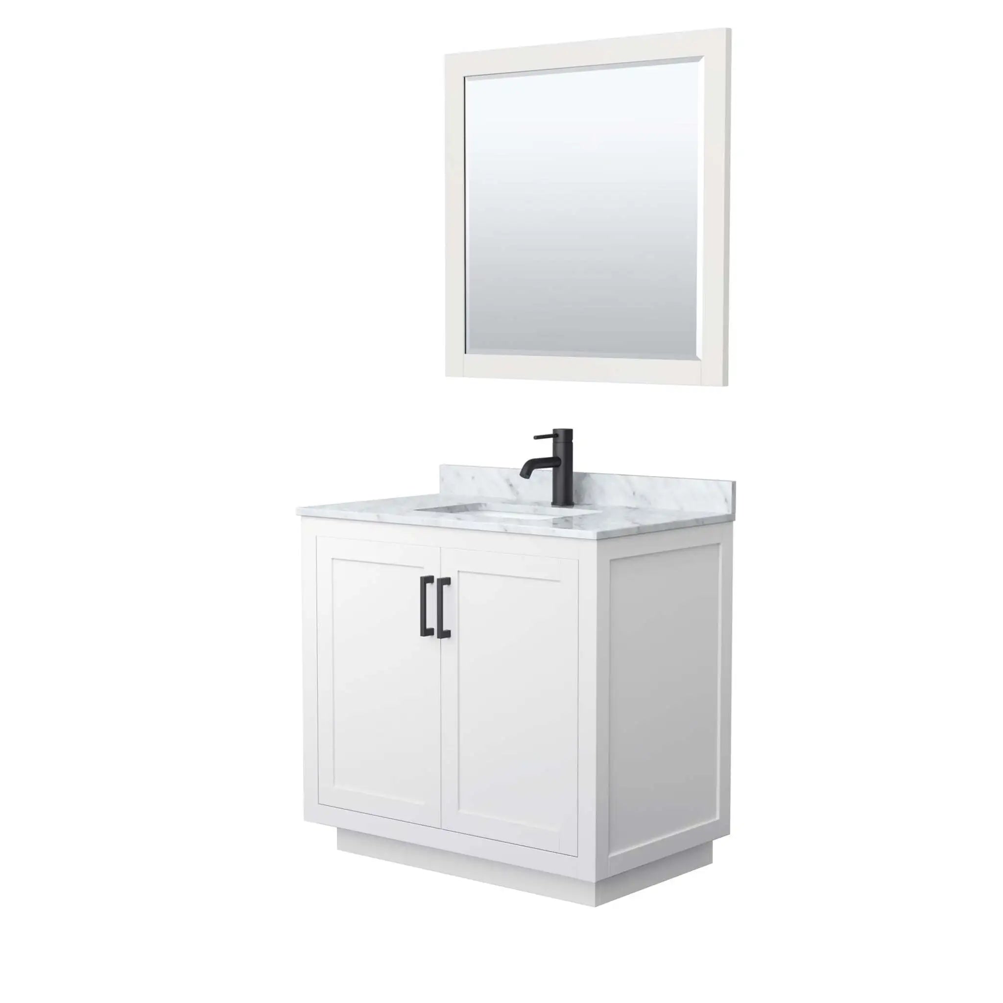 36" Miranda Single Bathroom Vanity in White with Matte Black Trim & 34" Mirror by Wyndham