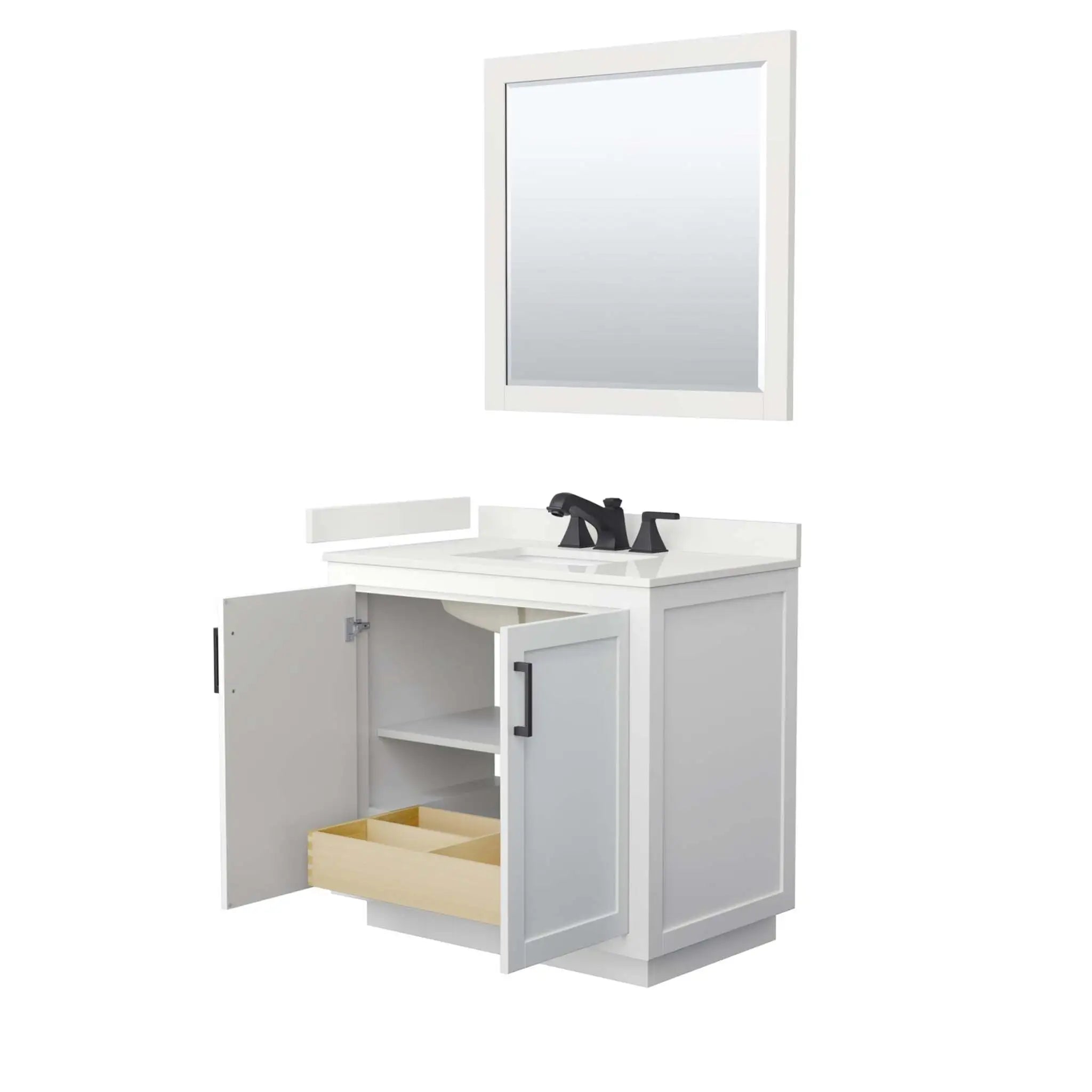 36" Miranda Single Bathroom Vanity in White with Matte Black Trim & 34" Mirror by Wyndham