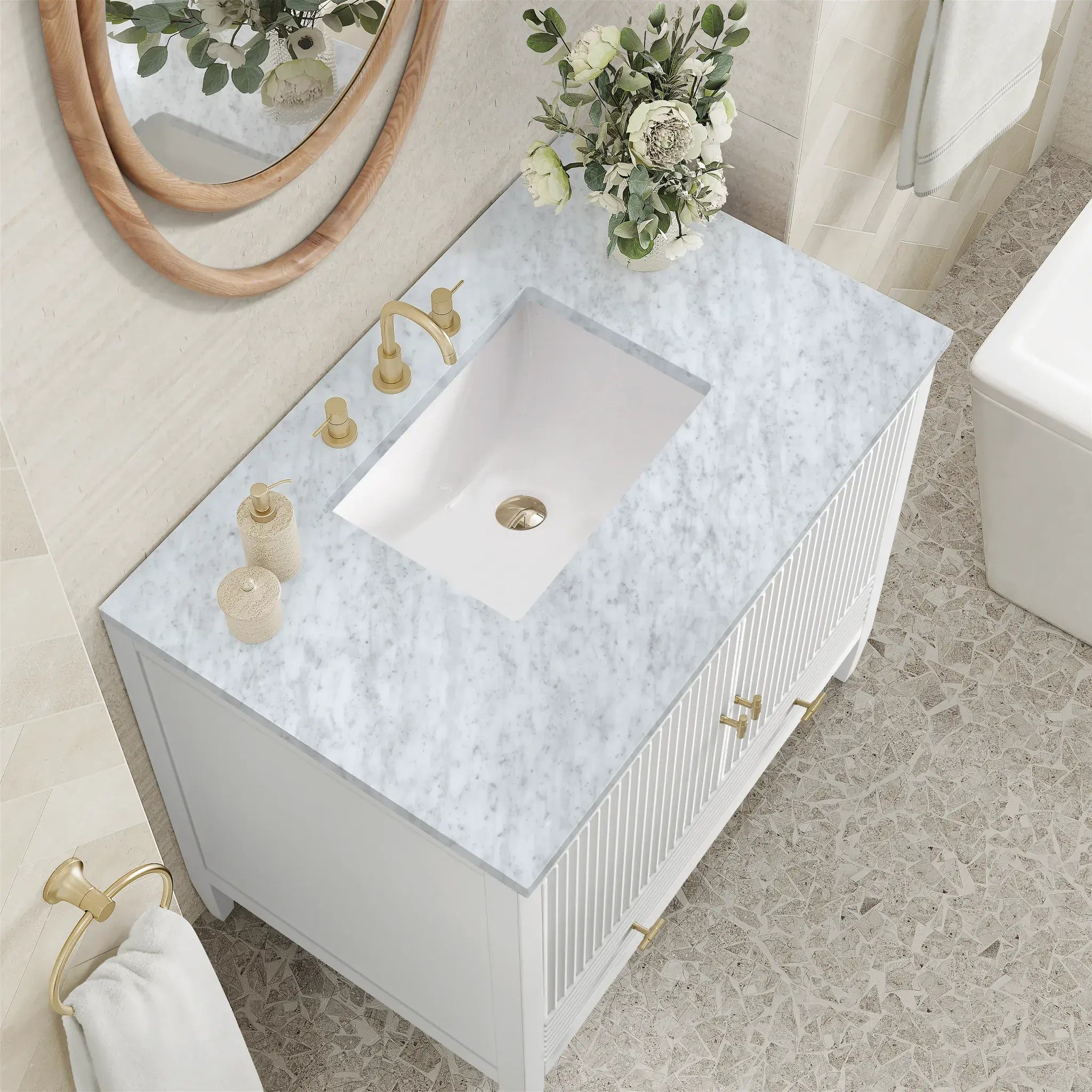36" Myrrin Vanity in Bright White-Carrara White Marble-8" Widespread image 6