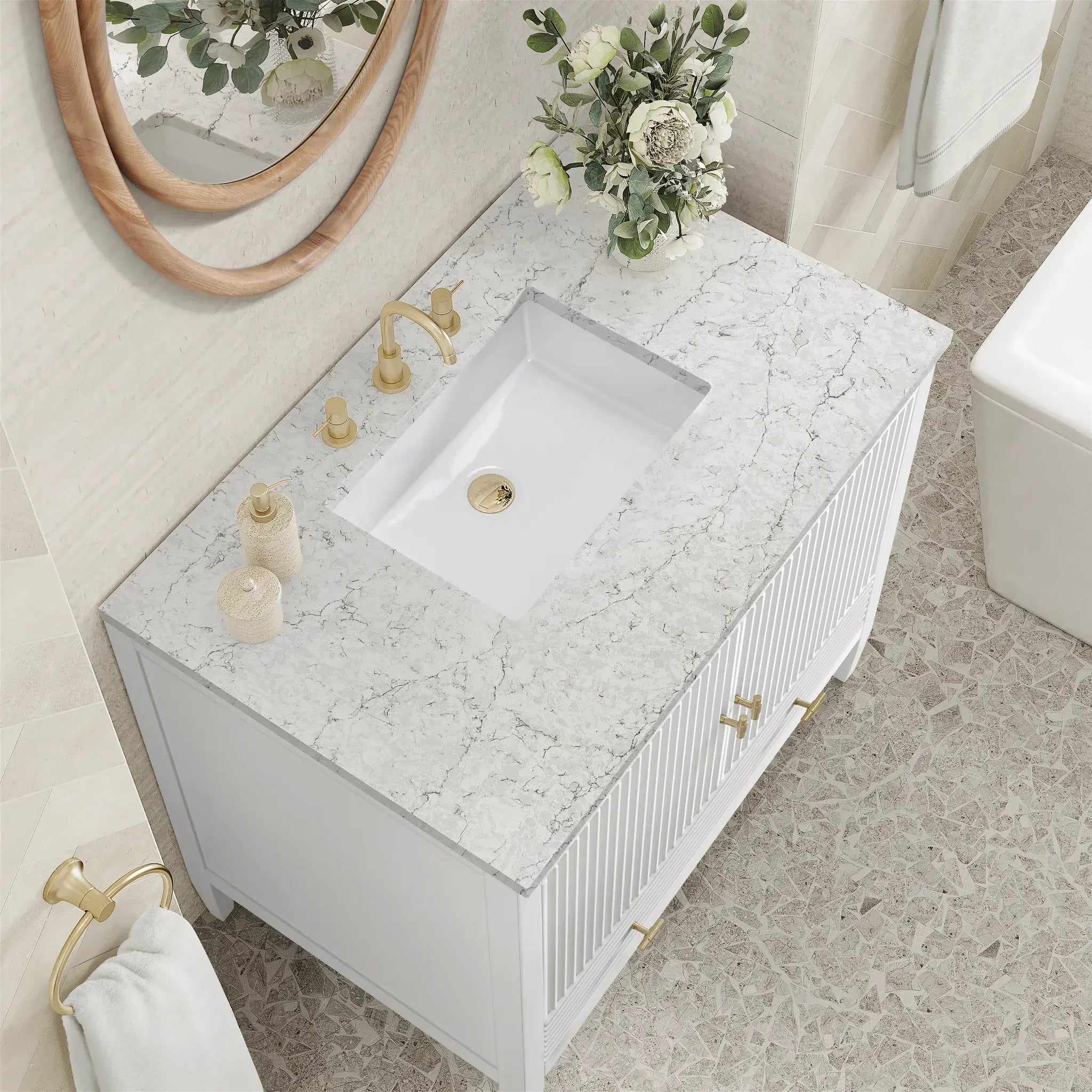 36" Myrrin Vanity in Bright White-Eternal Jasmine Pearl Silestone-8" Widespread image 5