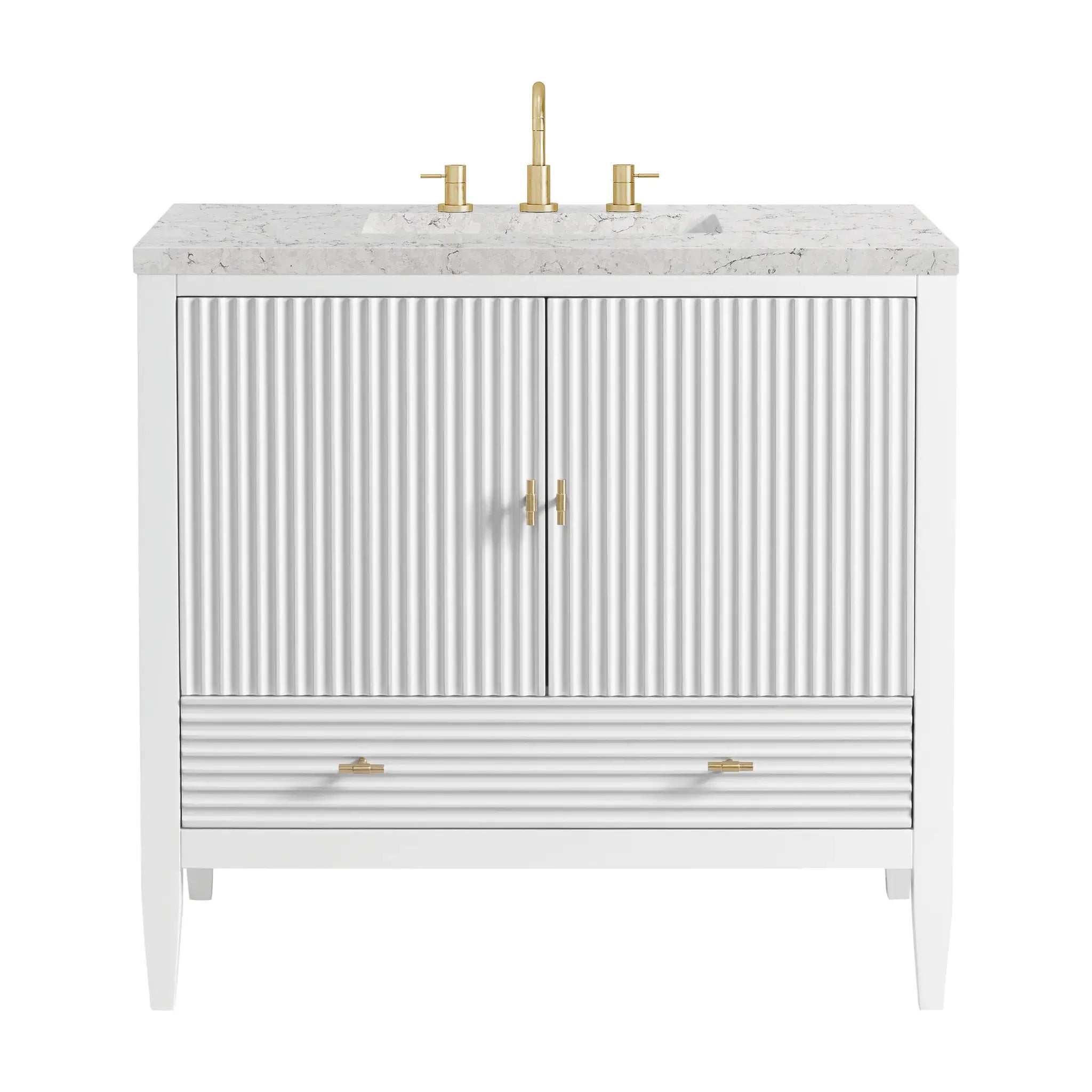36" Myrrin Vanity in Bright White-Eternal Jasmine Pearl Silestone-8" Widespread image