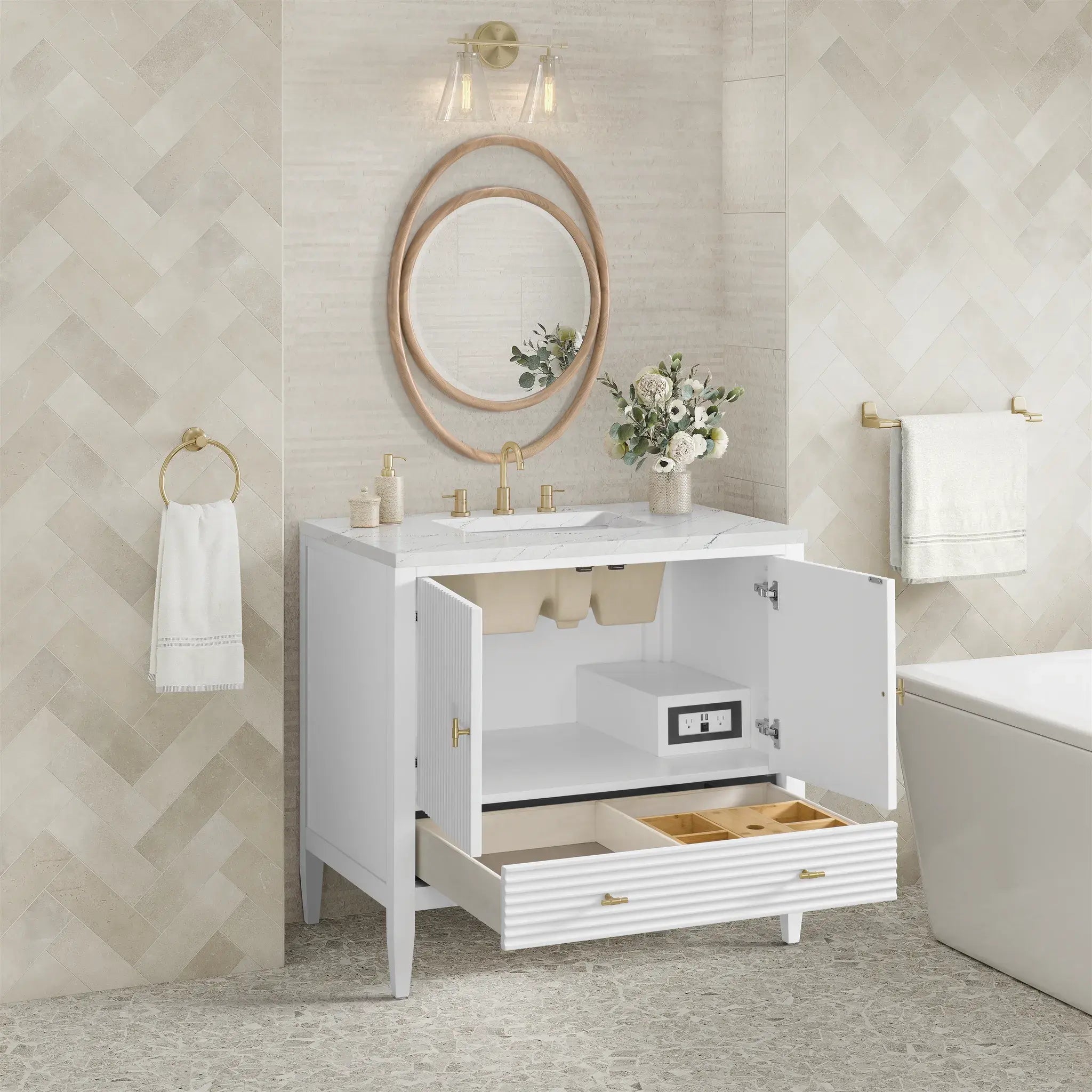 36" Myrrin Vanity in Bright White-Ethereal Noctis Silestone-8" Widespread image 4