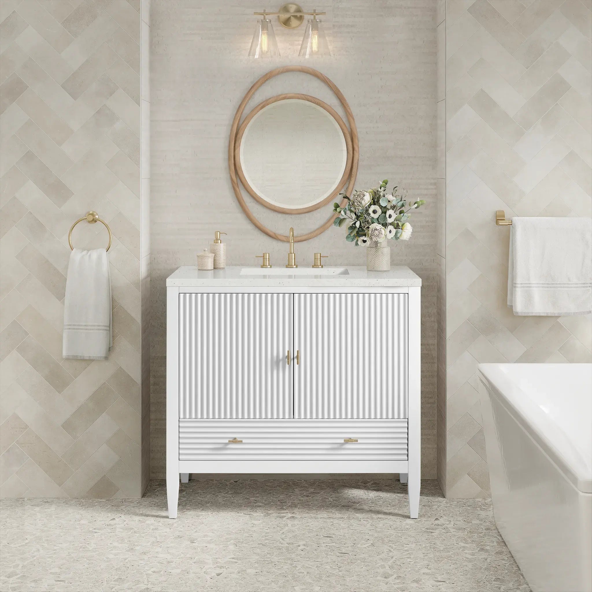 36" Myrrin Vanity in Bright White-Lime Delight Silestone-8" Widespread image 2