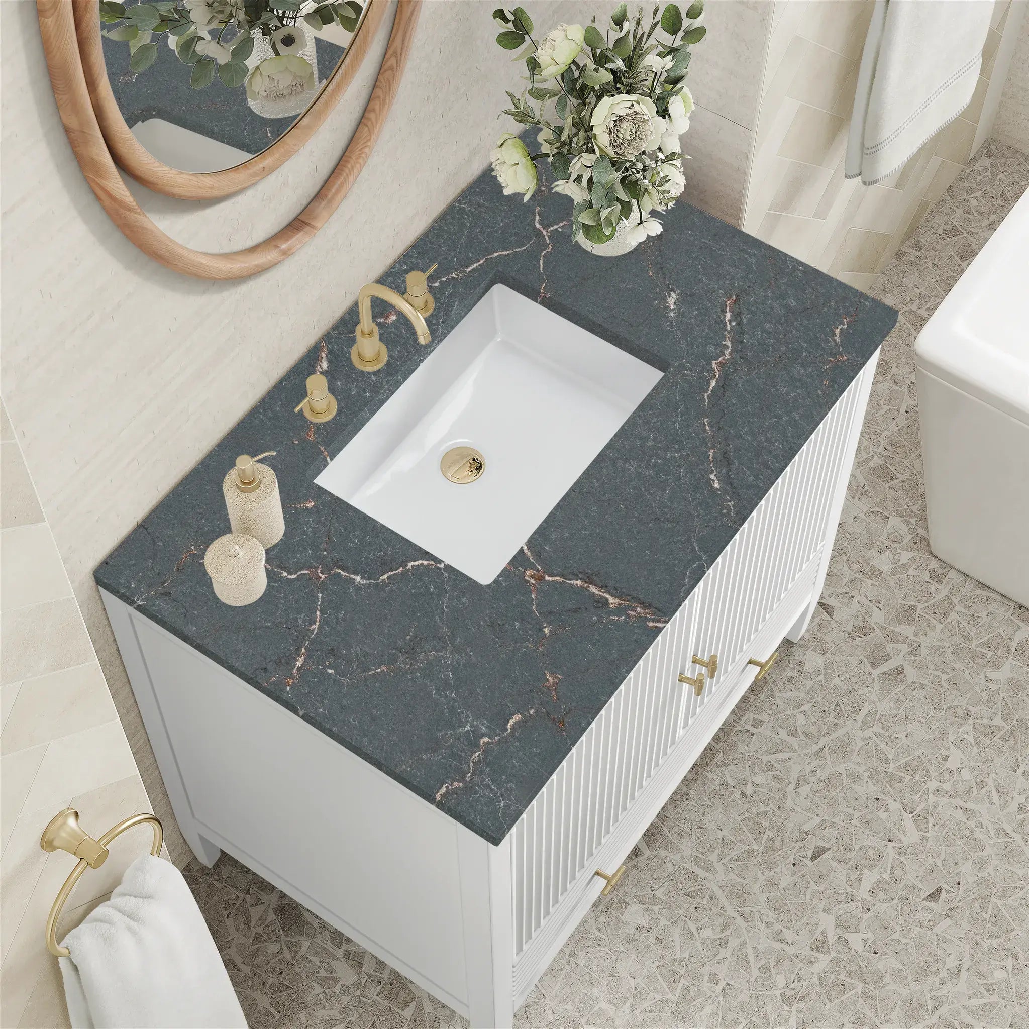 36" Myrrin Vanity in Bright White-Parisien Bleu Silestone-8" Widespread image 6