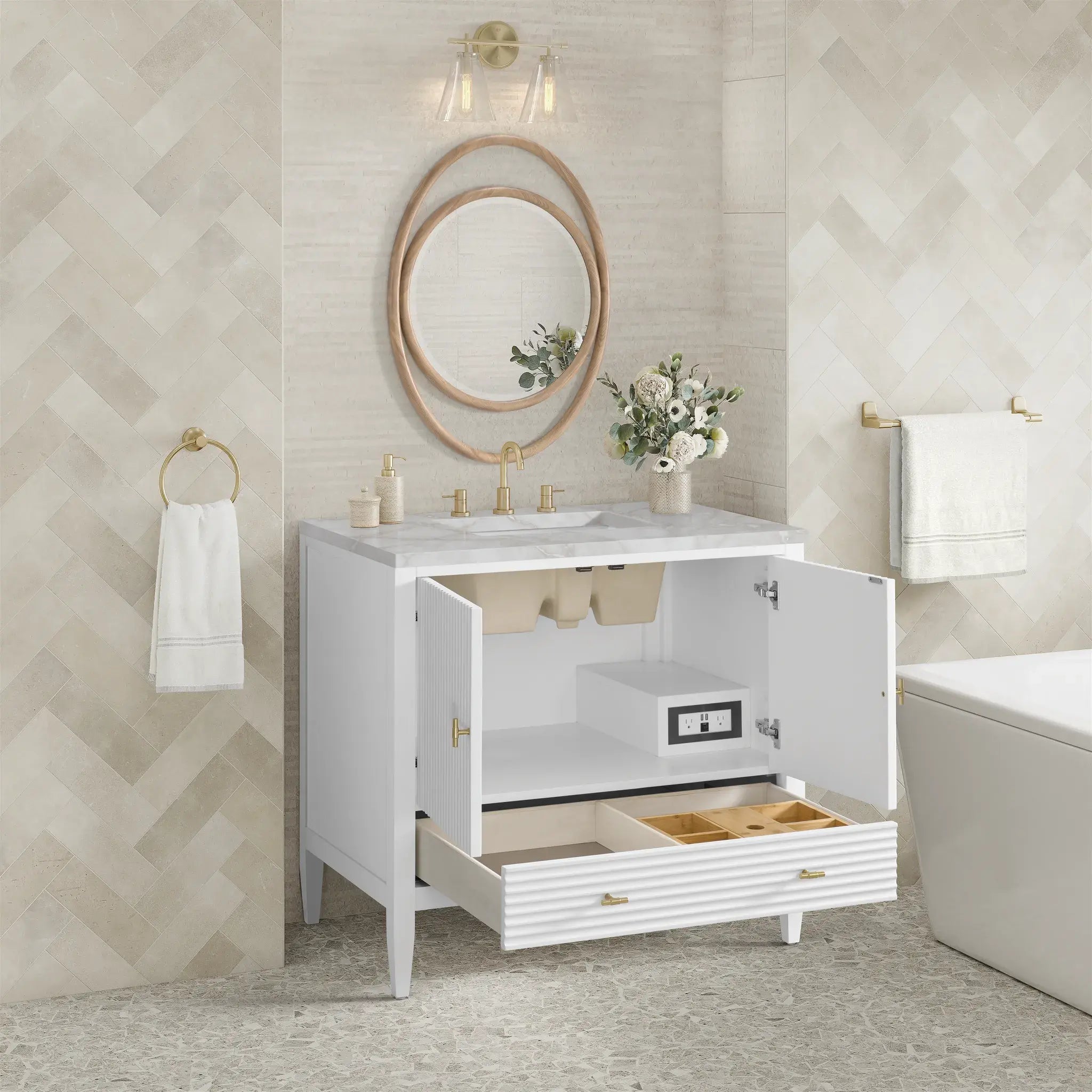 36" Myrrin Vanity in Bright White-Victorian Silver Silestone-8" Widespread image 4