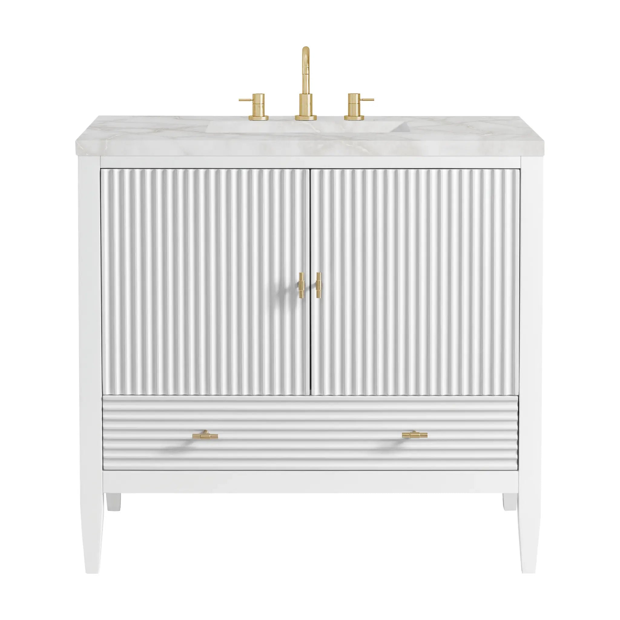 36" Myrrin Vanity in Bright White-Victorian Silver Silestone-8" Widespread image
