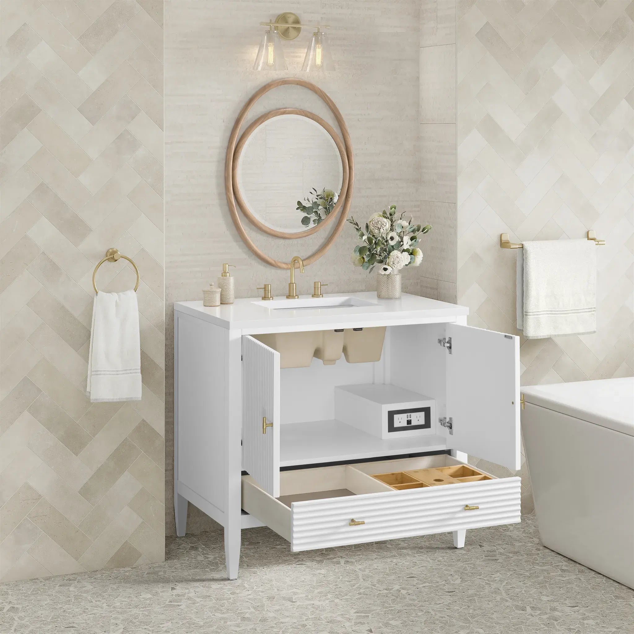 36" Myrrin Vanity in Bright White-White Zeus Silestone-8" Widespread image 4