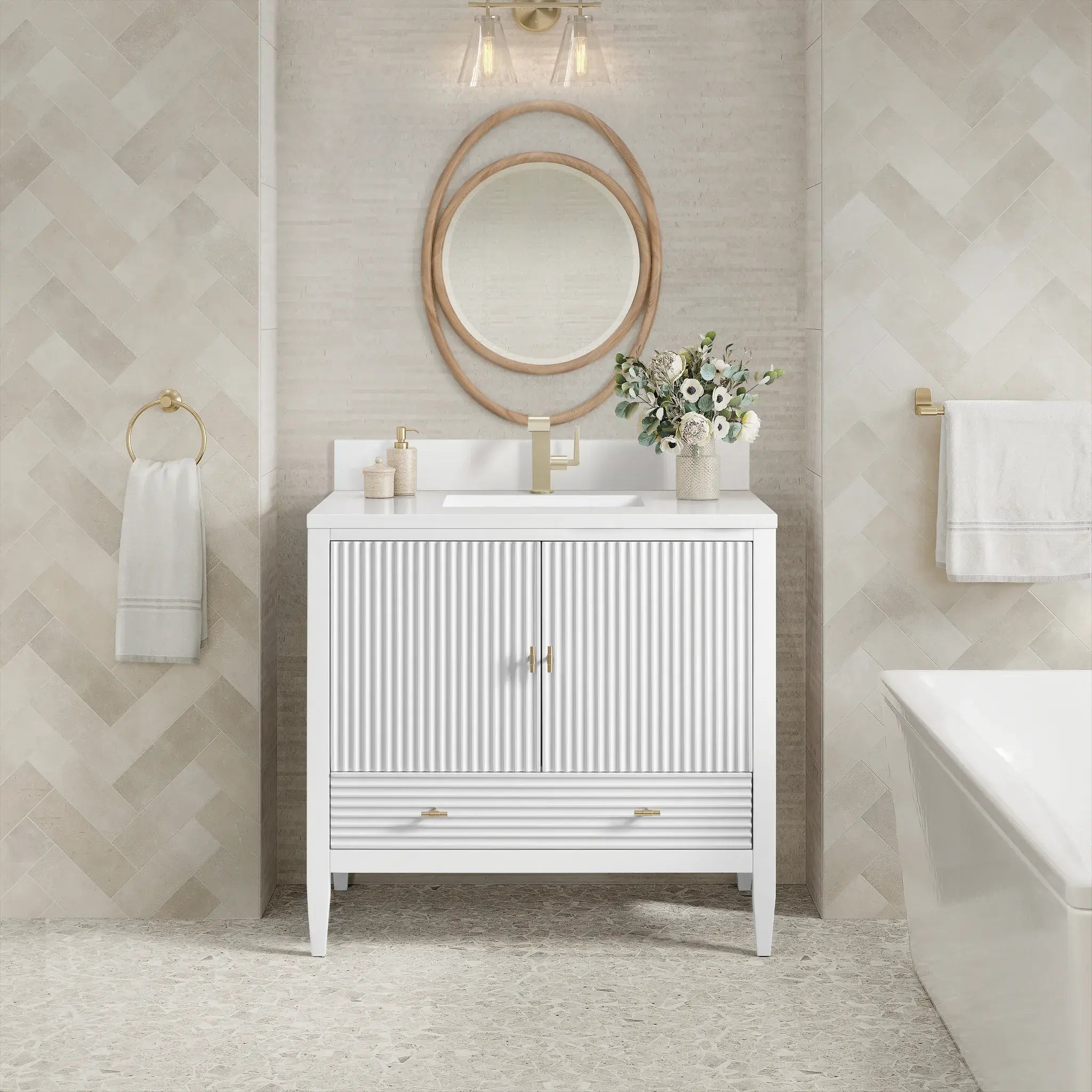 36" Myrrin Vanity in Bright White-White Zeus Silestone & Backsplash-Single Hole image 1