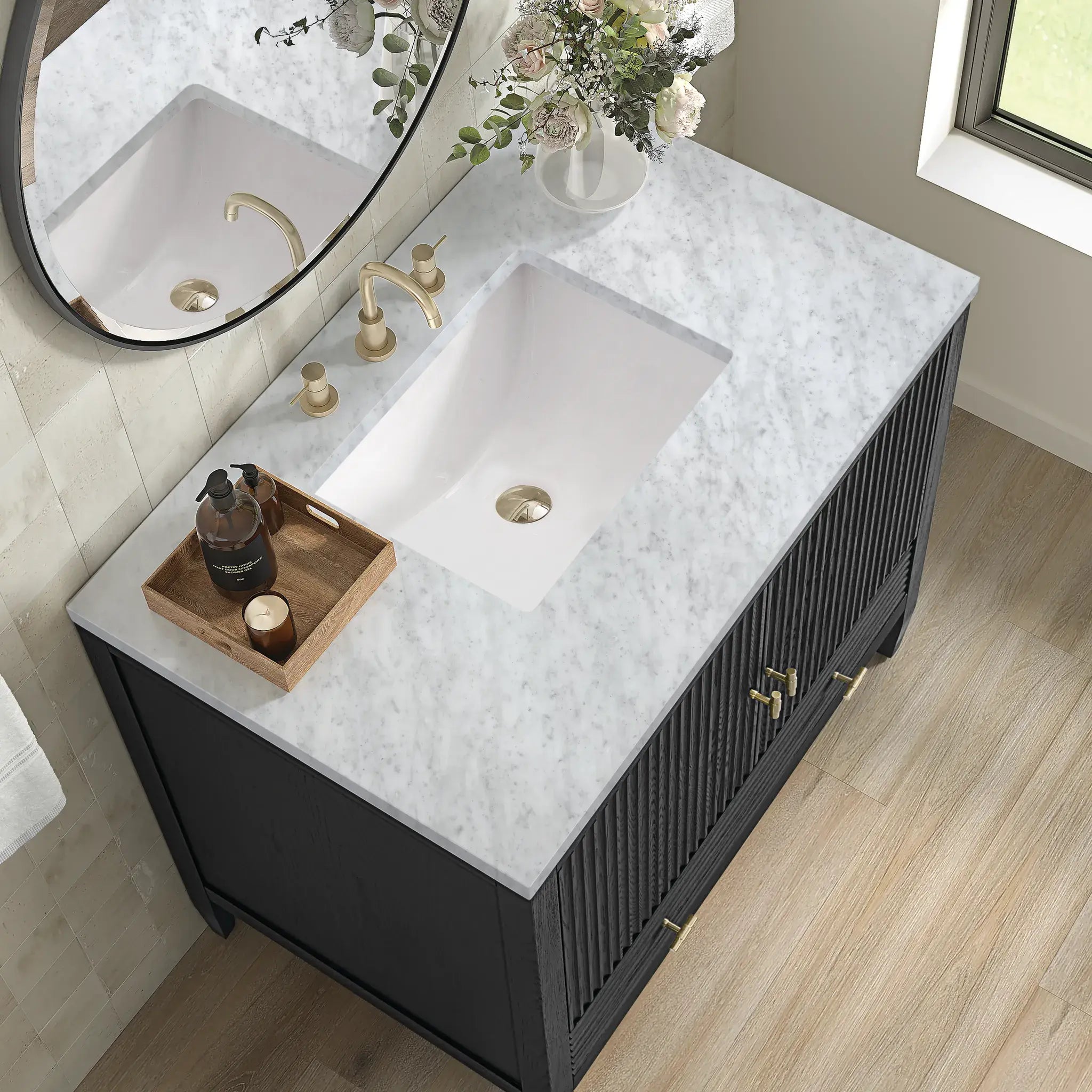 36" Myrrin Vanity in Carbon Oak-Carrara White Marble-8" Widespread image 6